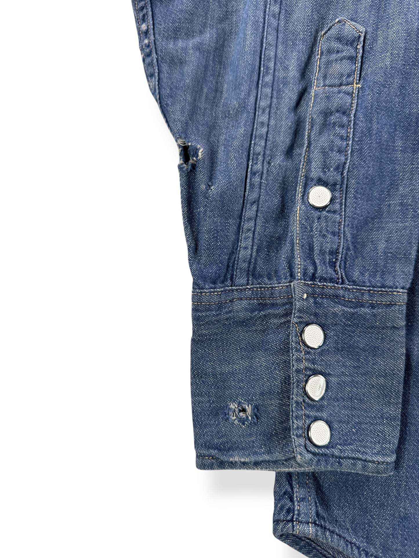 Repair on Vintage 1950s Penny's Foremost Denim Western Shirt SZ XL