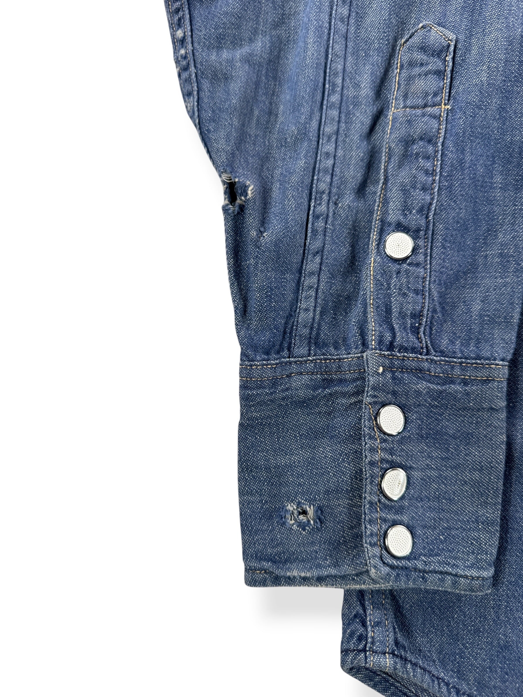 Repair on Vintage 1950s Penny's Foremost Denim Western Shirt SZ XL