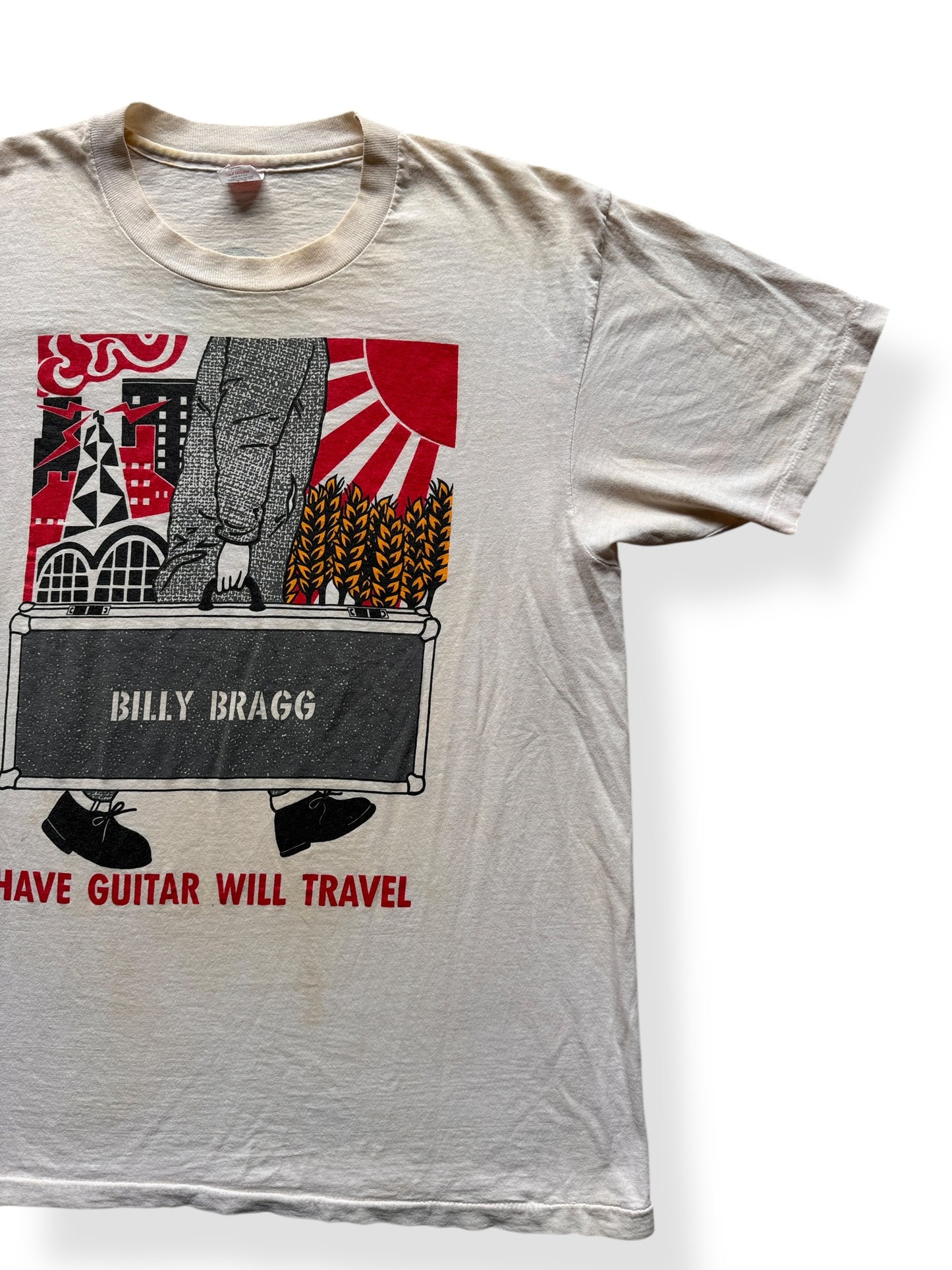 Front Left of Vintage Billy Bragg Have Guitar Will Travel Band Tee SZ L