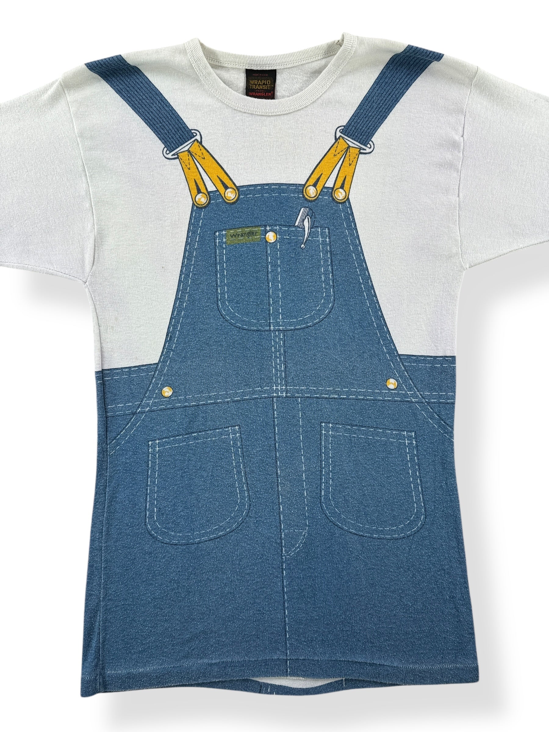 Front Close Up of Vintage 70's Wrangler Overalls Tee SZ S