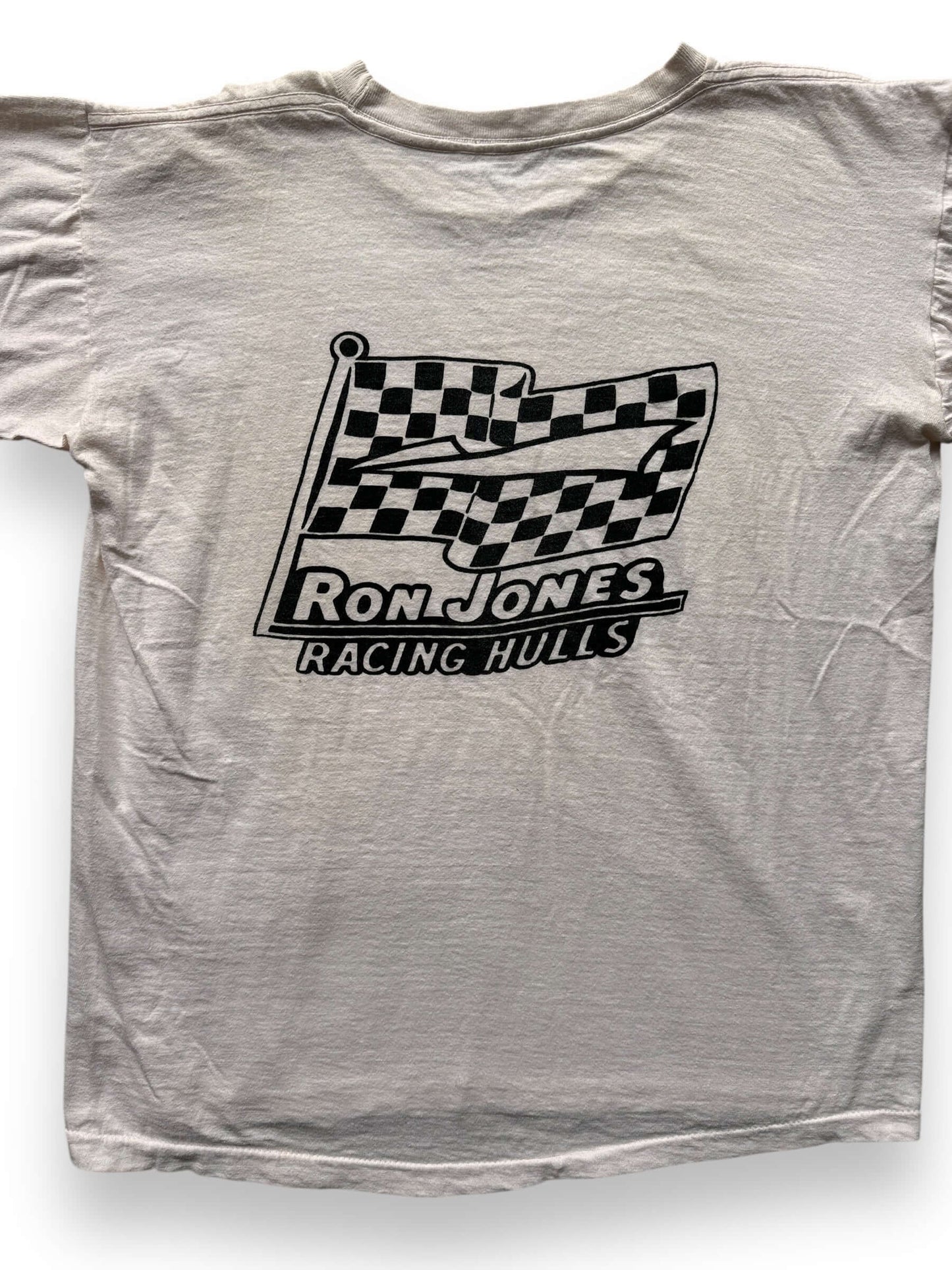 back close up of Vintage 60s Hand Drawn "Ron Jones Racing Hulls" Racing Tee SZ L