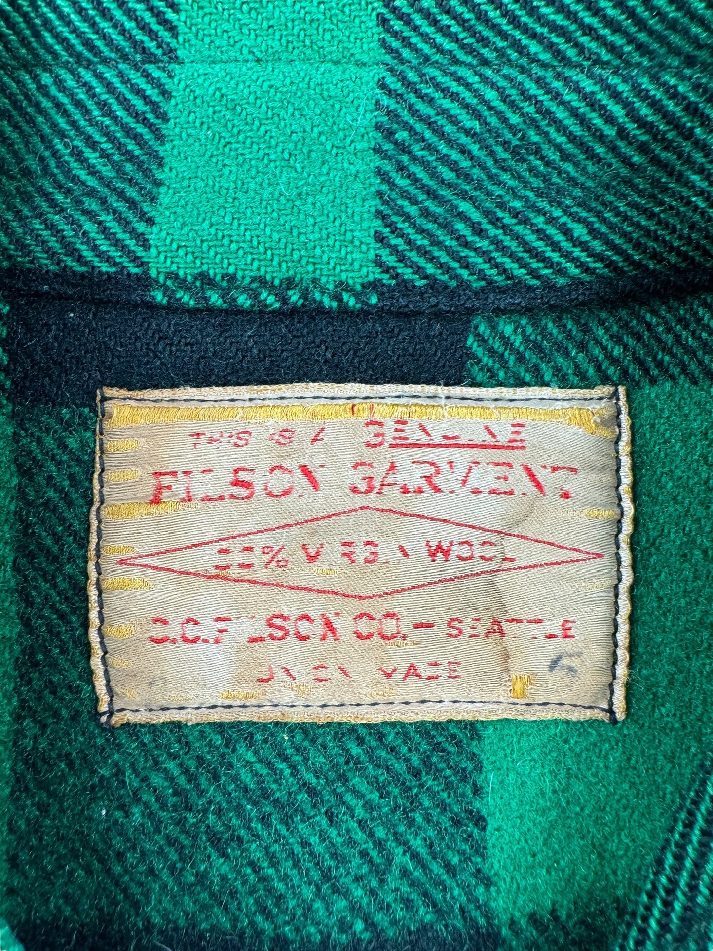Tag on Vintage 60s Filson Green and Black Mackinaw Cruiser SZ L
