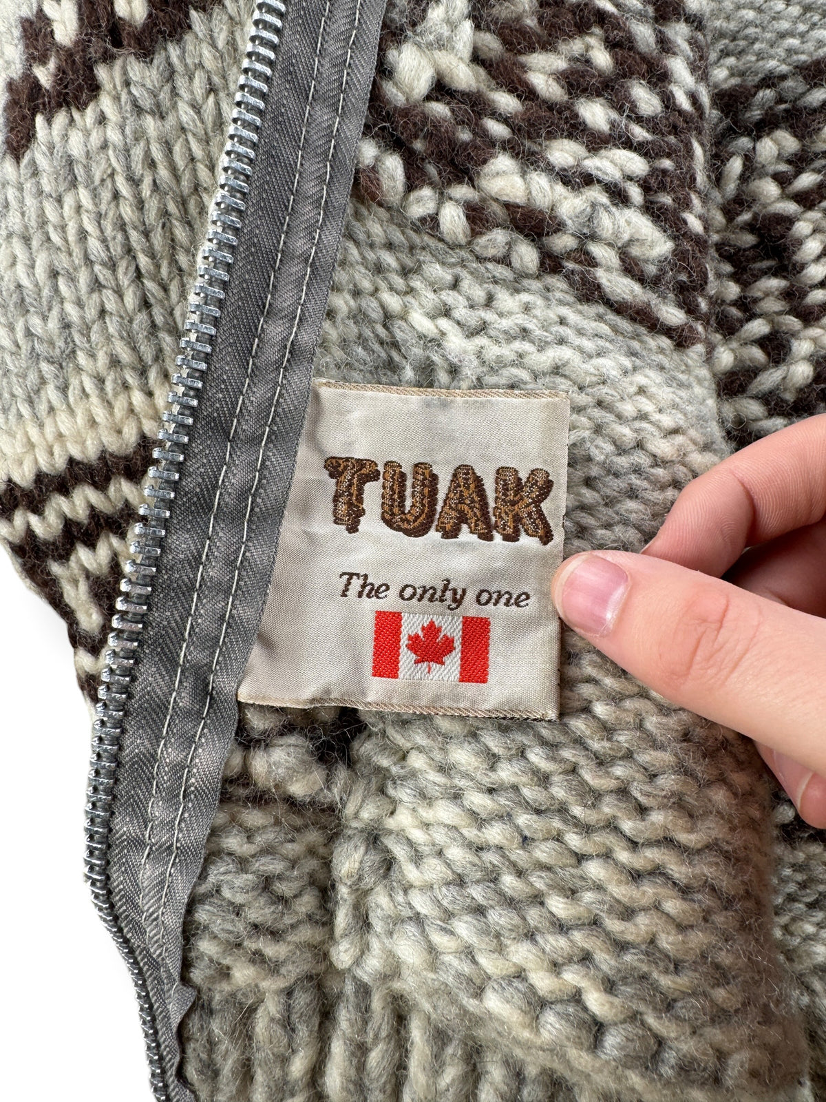 Inner tag on Vintage Tauk Thunderbird Cowichan Style Sweater SZ S