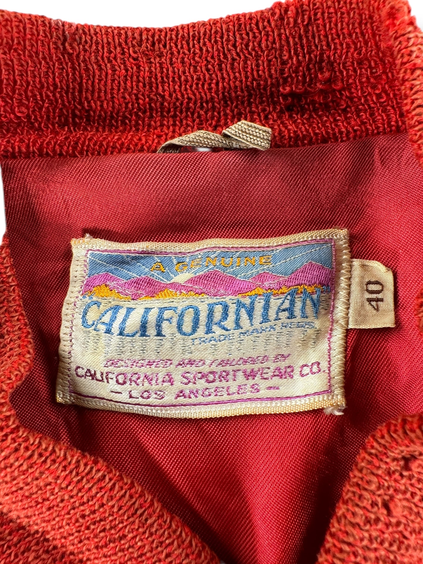 Label on Vintage Californian Red & White Varsity Jacket SZ 40