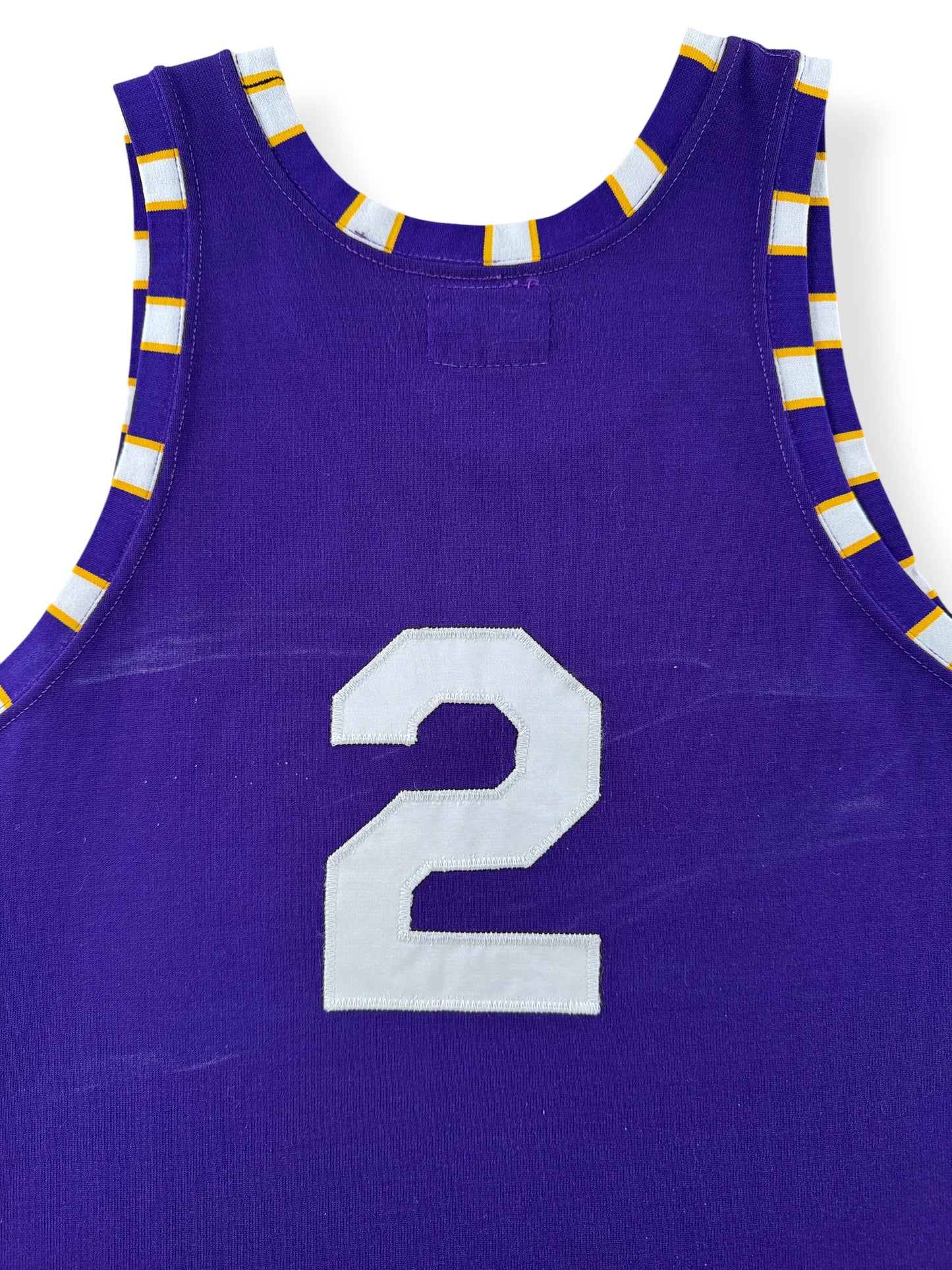 Back of collar and shoulder straps on Vintage Southland "2" Purple Tank Top Jersey SZ L (Fits M)