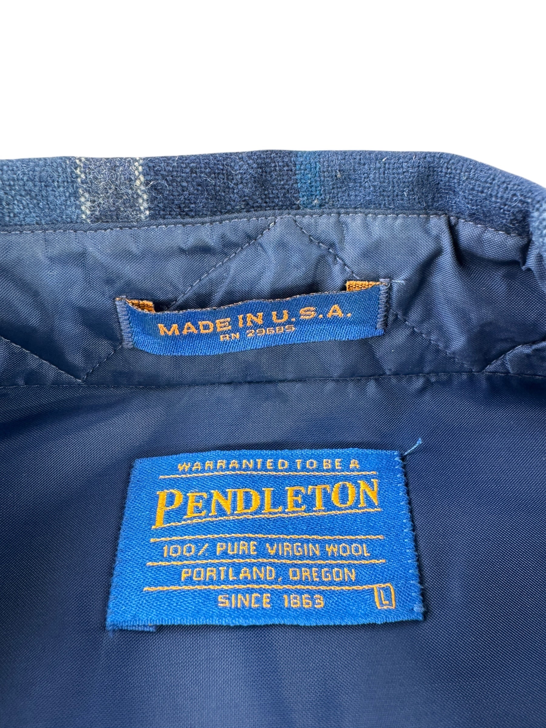 Tag on Vintage Pendleton Blue Plaid Flannel w/ Elbow Patches SZ L