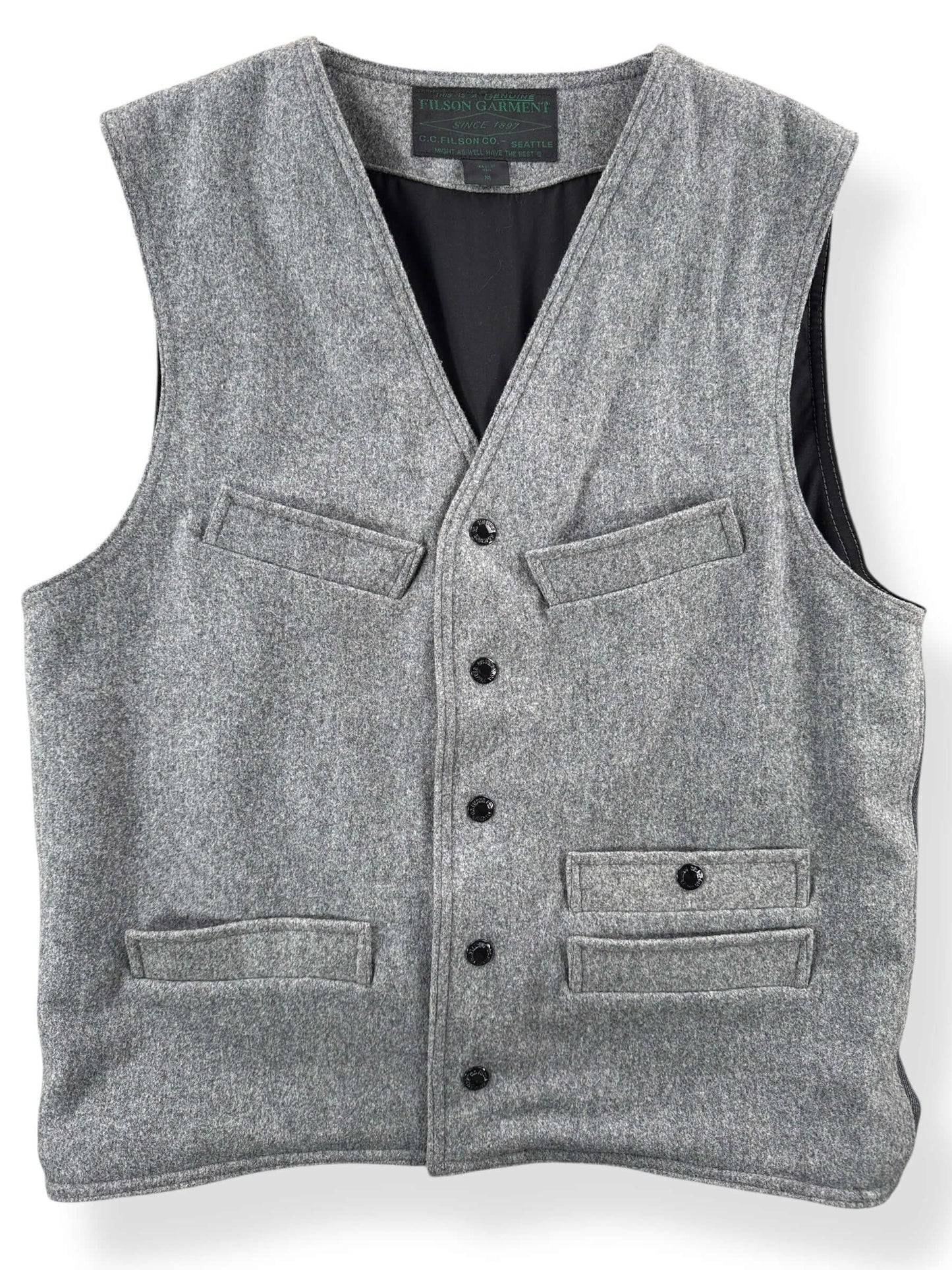 Front Close Up of Filson Green Label Grey Wool Vest SZ M