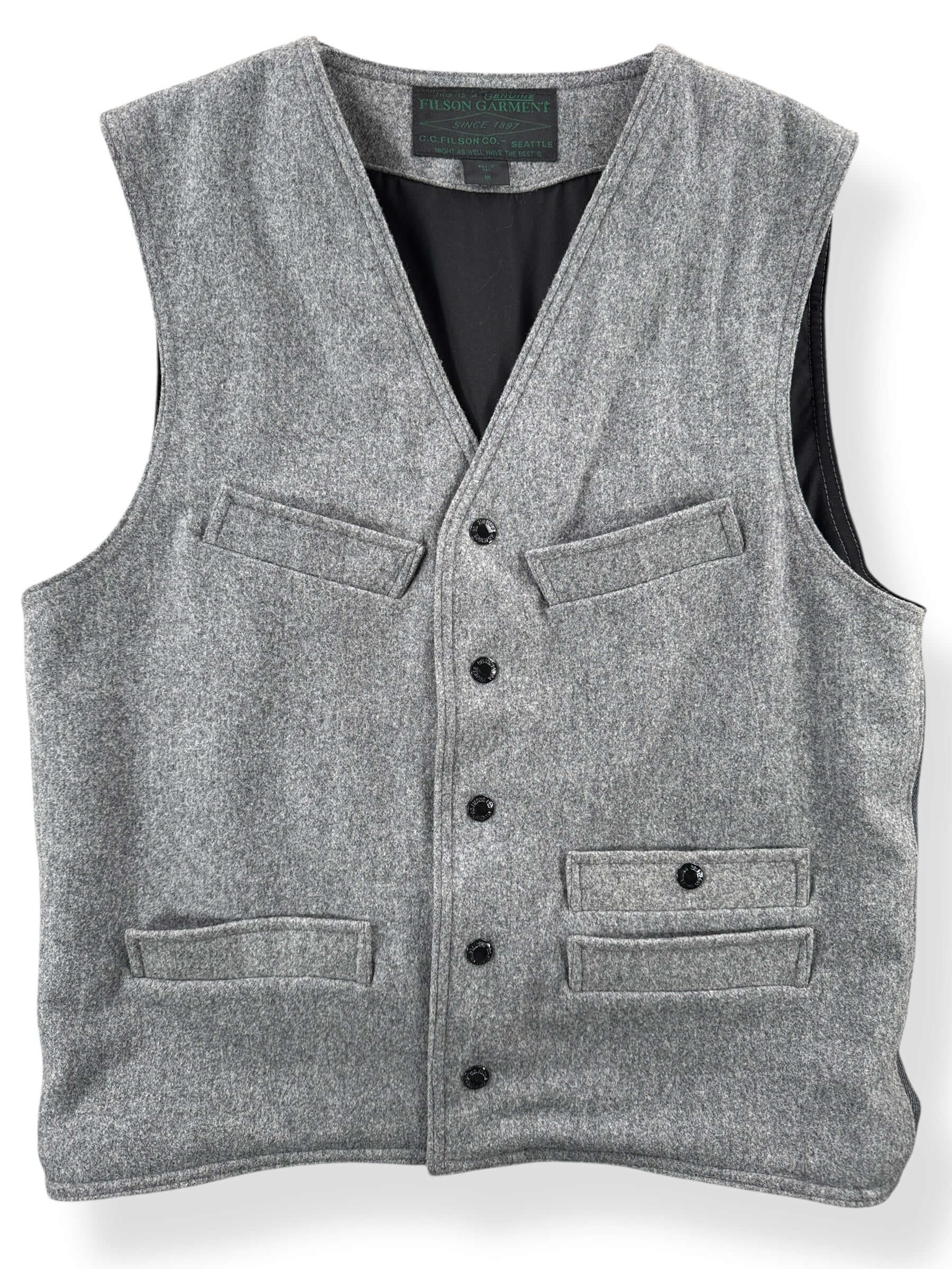 Front Close Up of Filson Green Label Grey Wool Vest SZ M