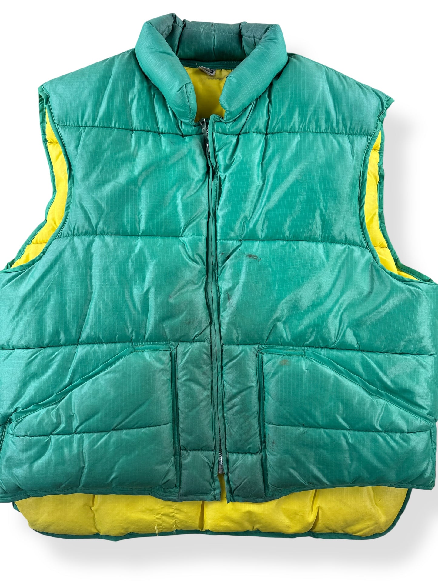 Front Close Up of Vintage Reversible Green Puffer Vest SZ L