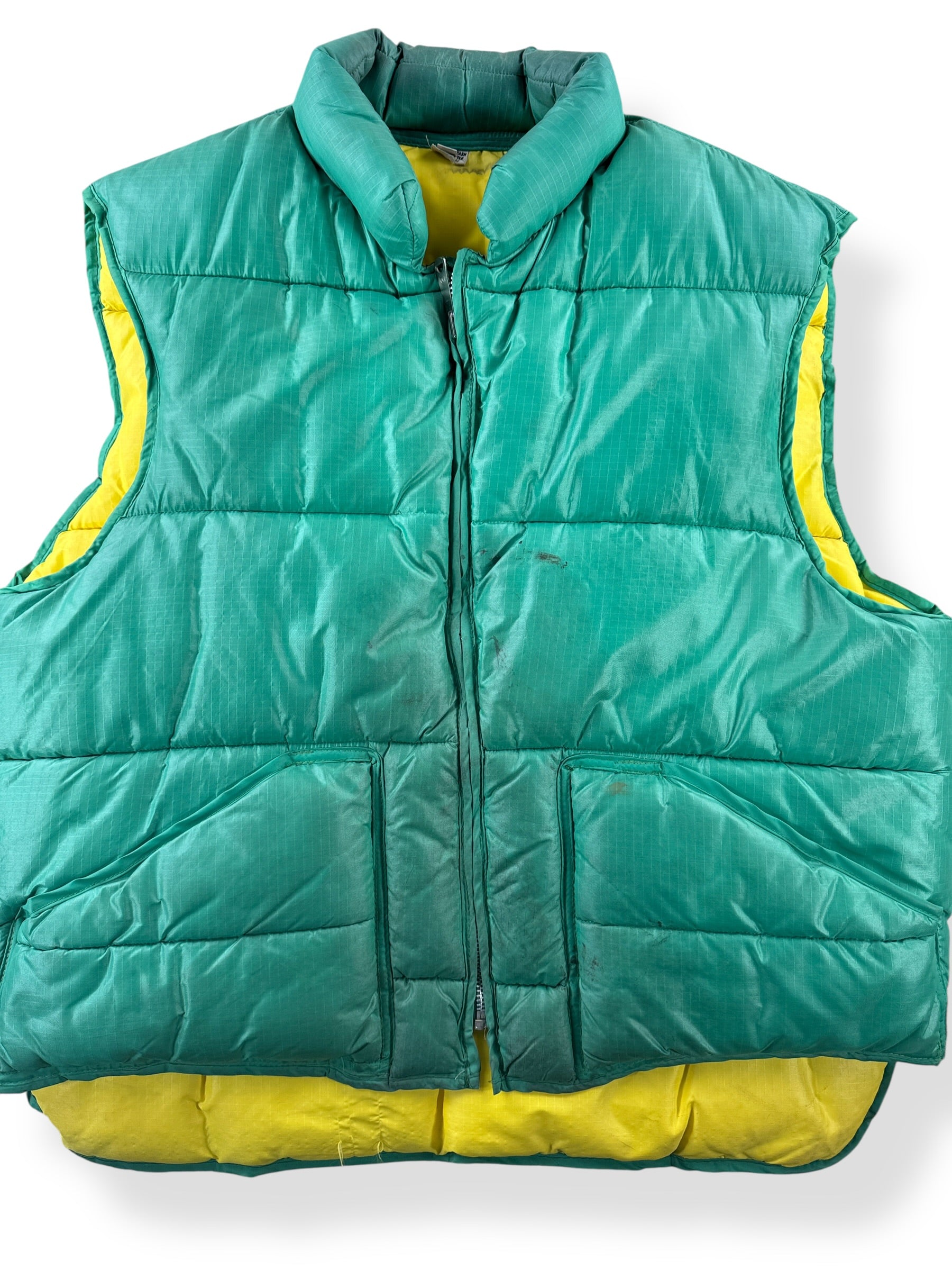 Front Close Up of Vintage Reversible Green Puffer Vest SZ L
