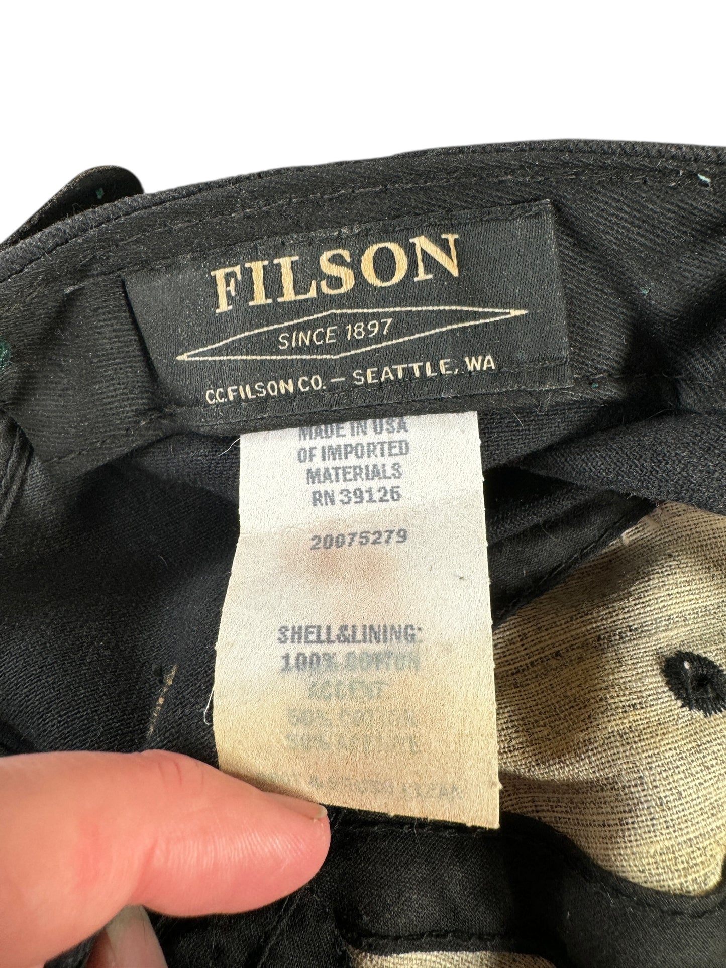 Label on Modern Black Worn Out Filson Ballard Hat OS