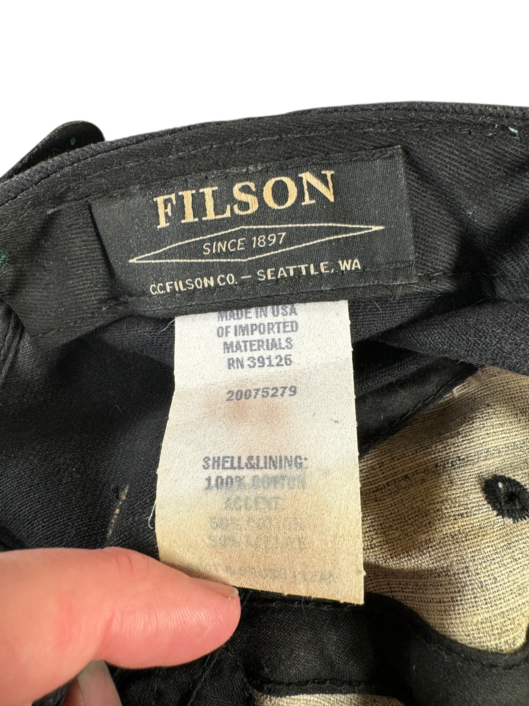 Label on Modern Black Worn Out Filson Ballard Hat OS
