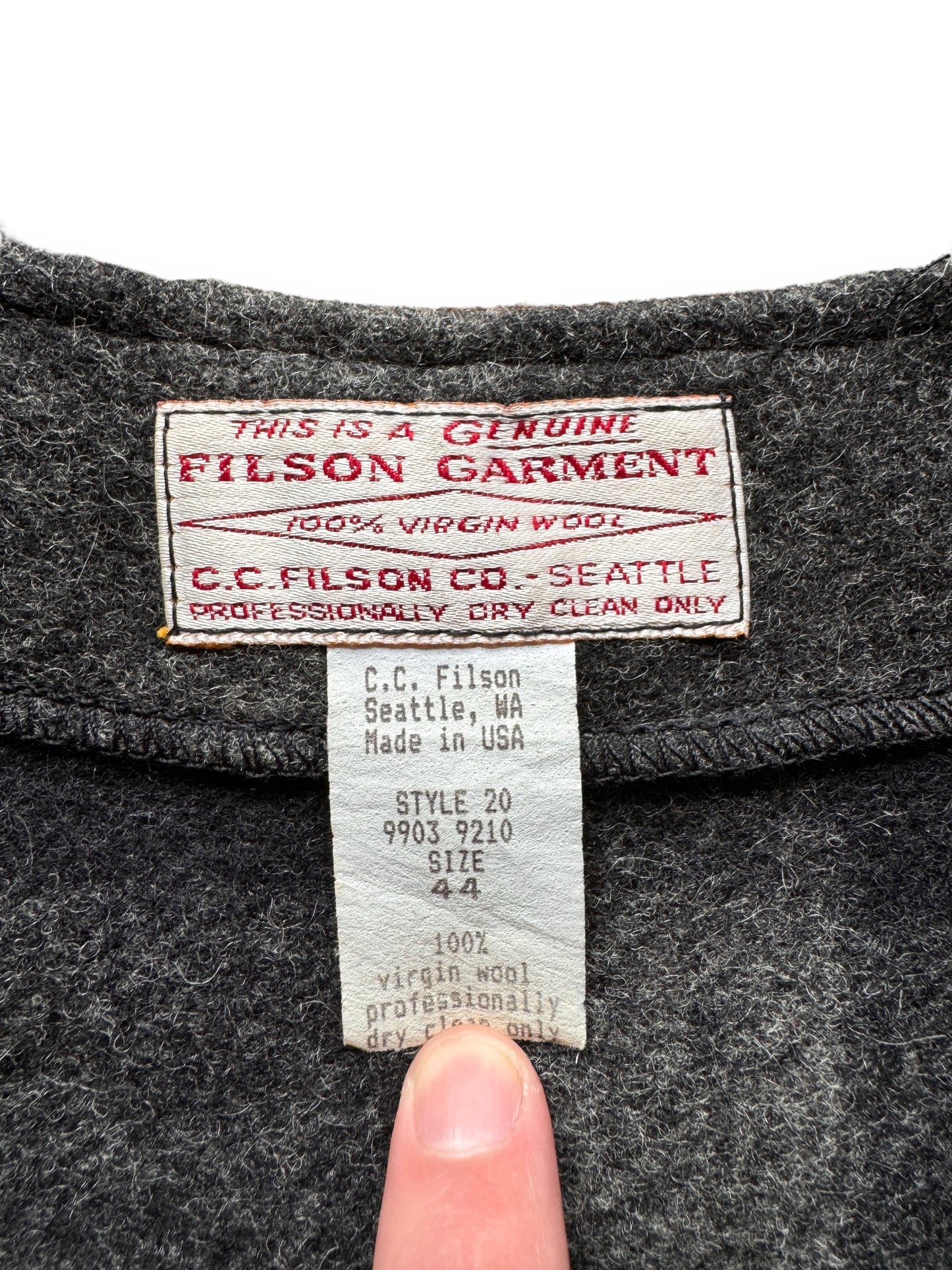 tag on Vintage Filson Charcoal & Black Wool Vest SZ 44