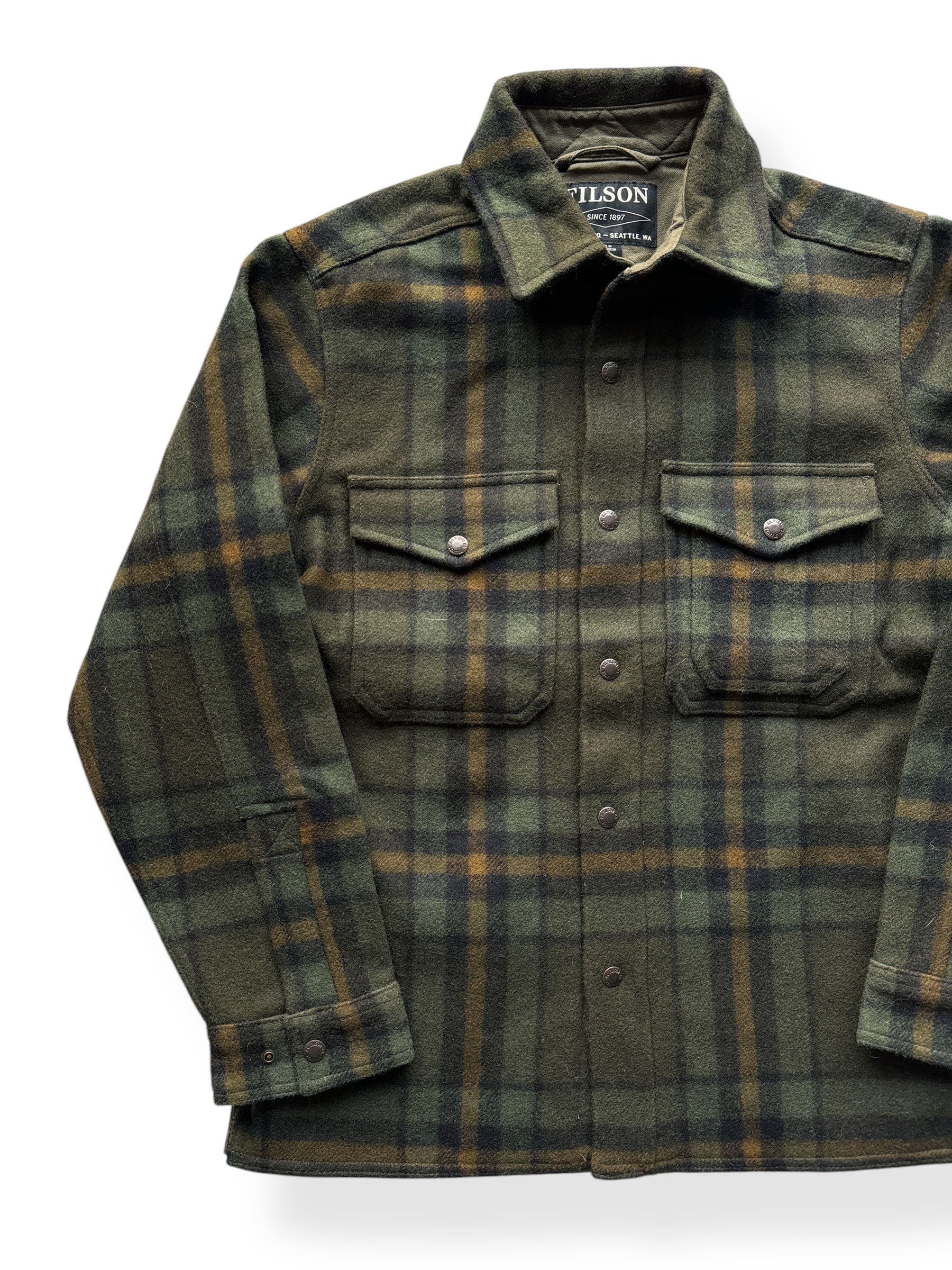 Front Right of Filson Green Black Lined Jac Shirt SZ S