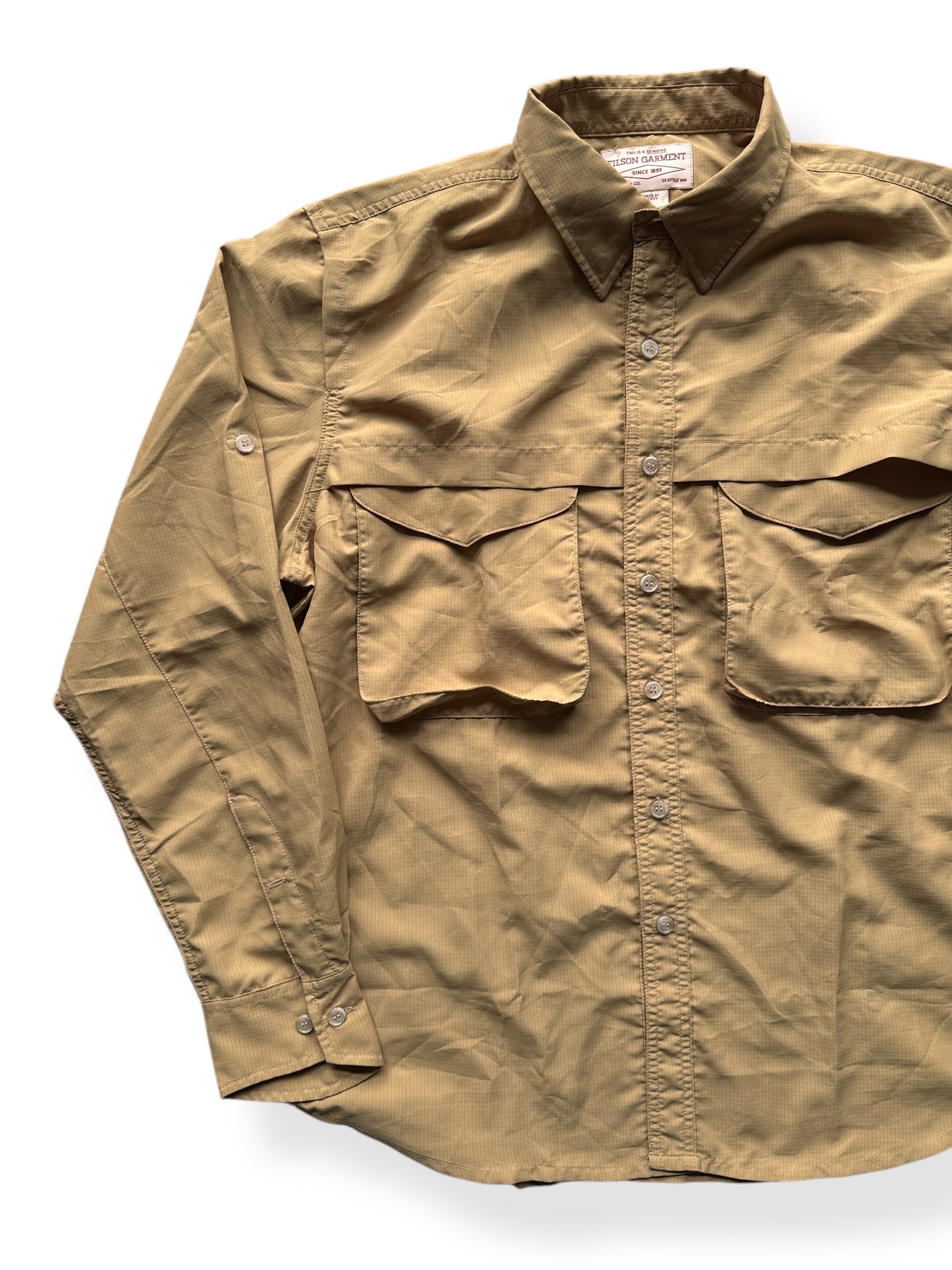 Front Right of Filson Yellow Angler Shirt SZ M