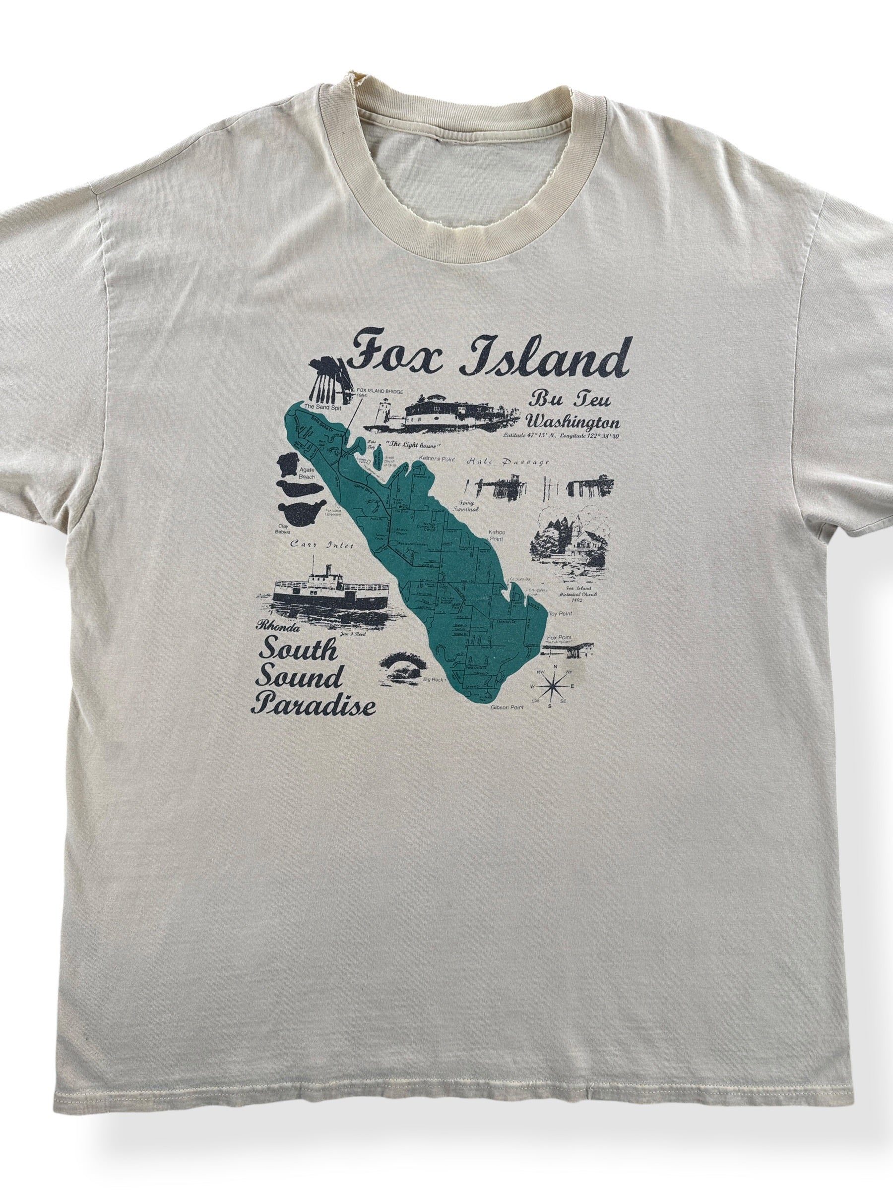 Front Close Up of Vintage Fox Island Tee SZ XL