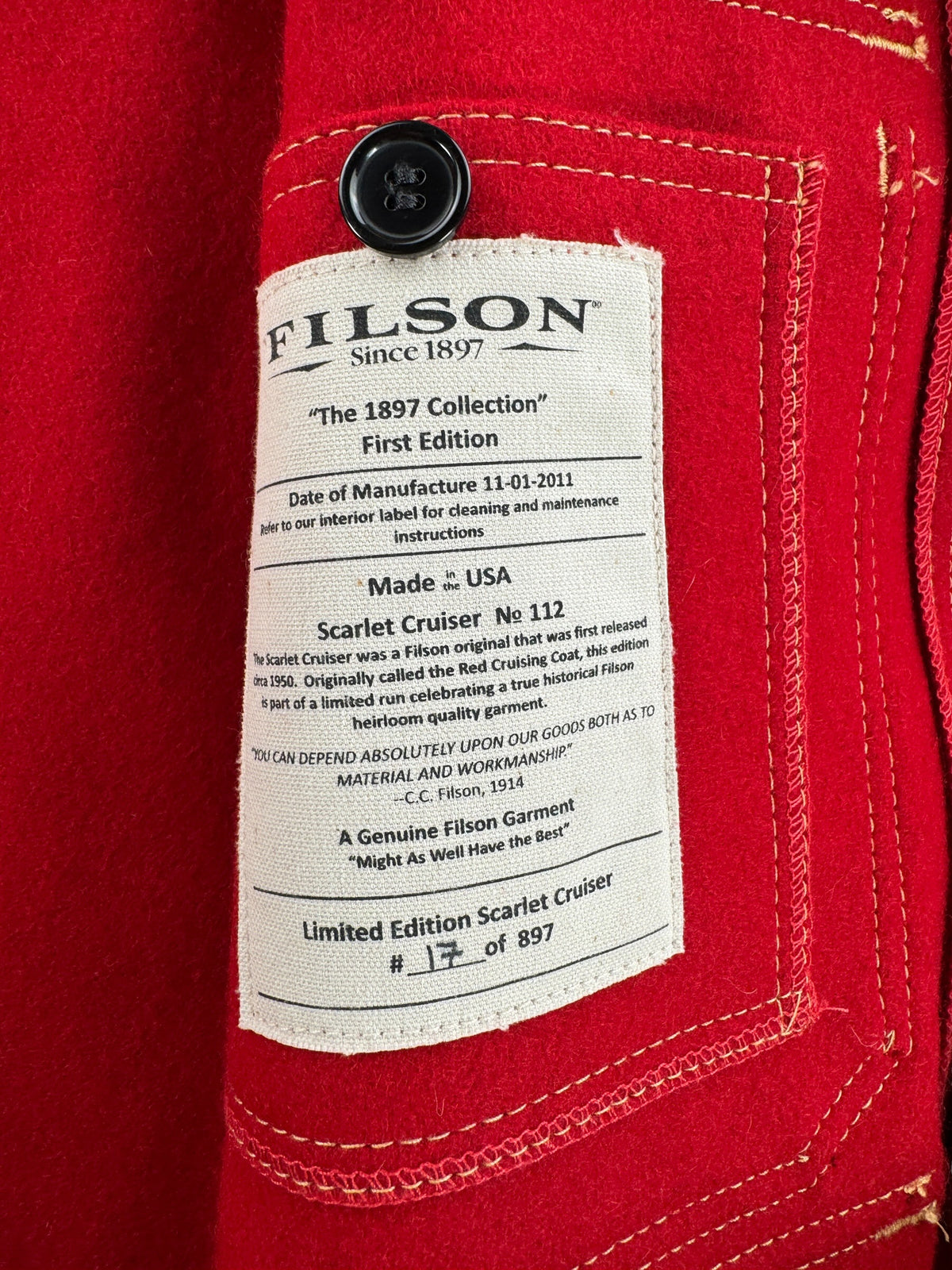 Inner label on Filson Limited Edition 1897 Collection Scarlet Cruiser SZ L