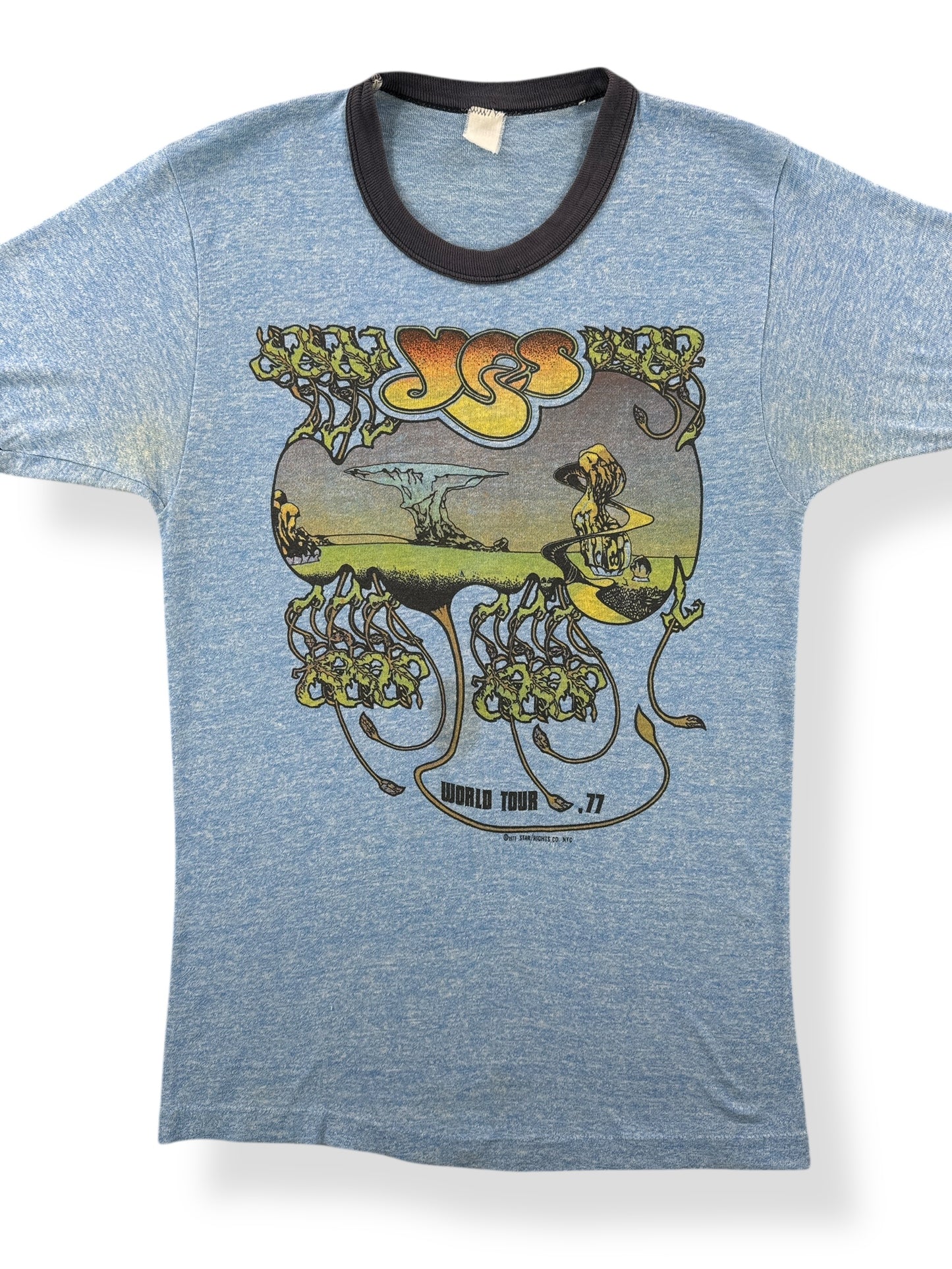 Front Close Up of Vintage 1977 Yes World Tour Tee SZ XS