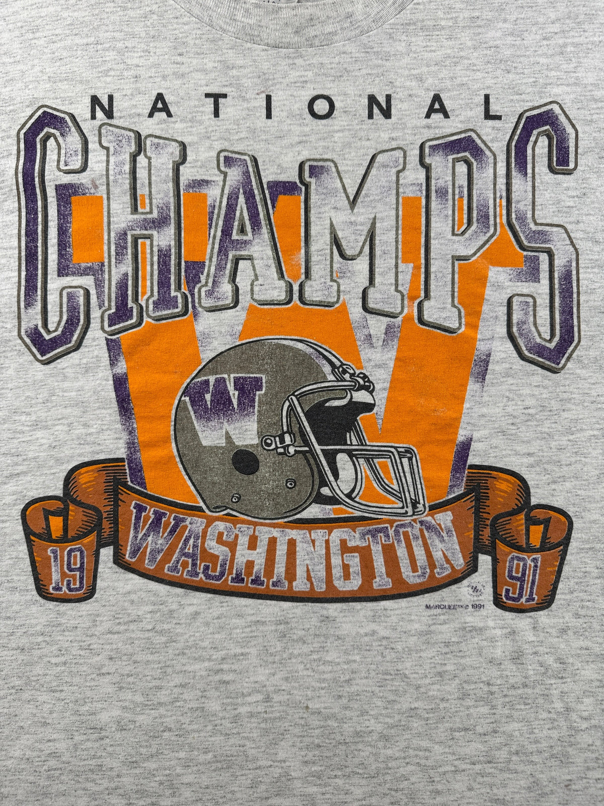 Front graphic on Vintage UW Huskies '91 National Champs Tee SZ XL