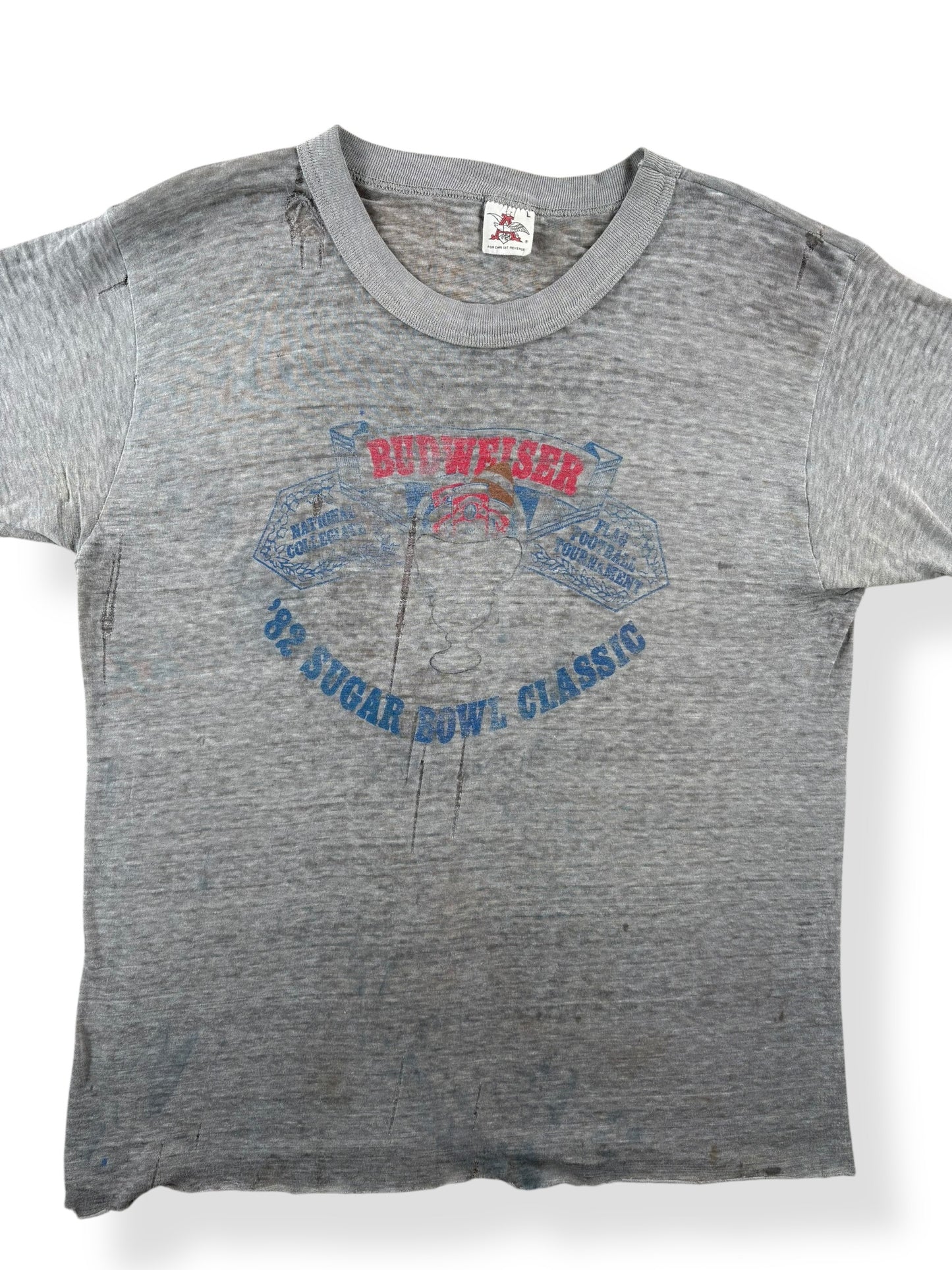 Front Close Up of Vintage 1982 Paper Thin Budweiser Sugar Bowl Classic Tee SZ L (Fits S)