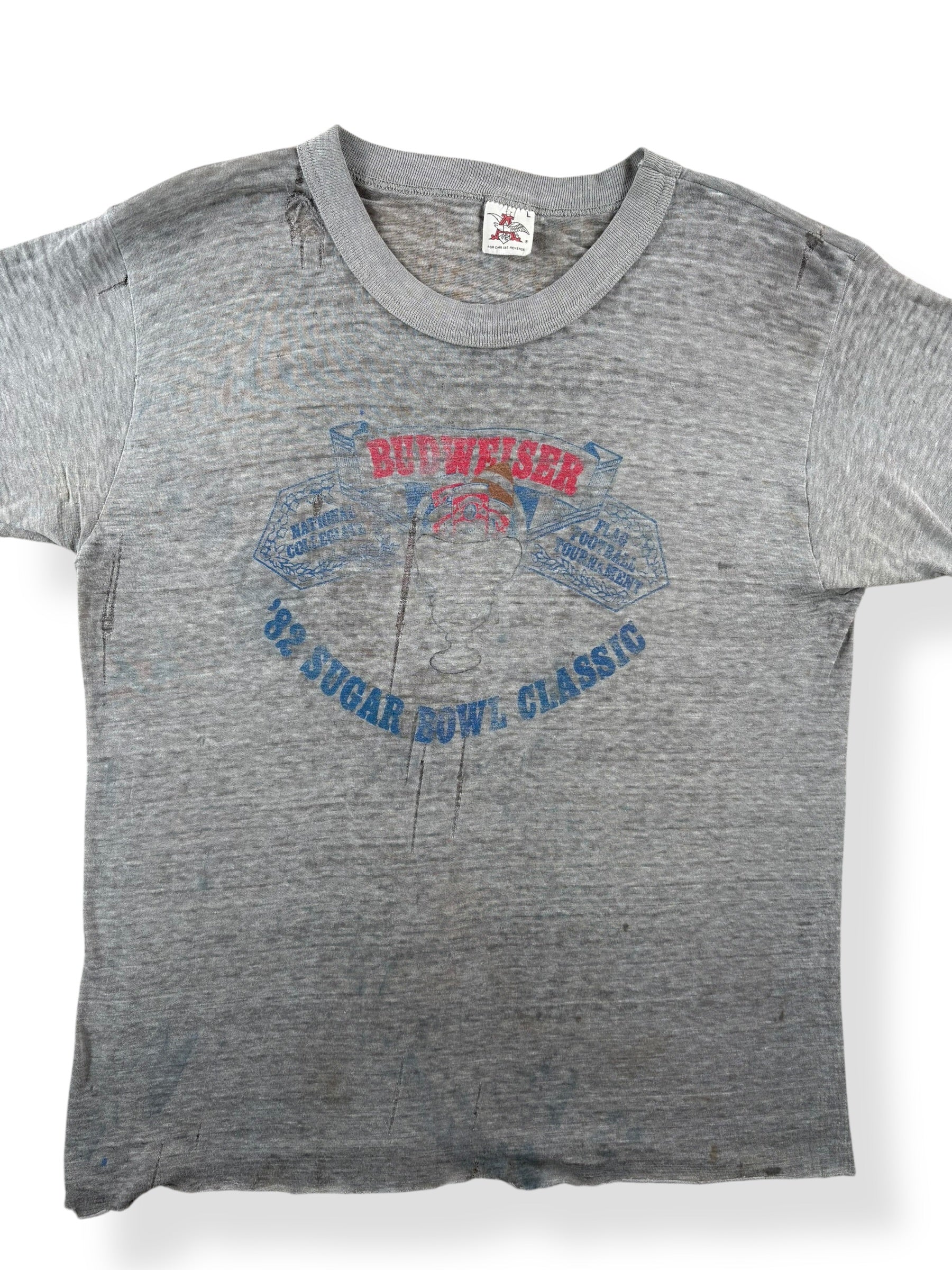 Front Close Up of Vintage 1982 Paper Thin Budweiser Sugar Bowl Classic Tee SZ L (Fits S)