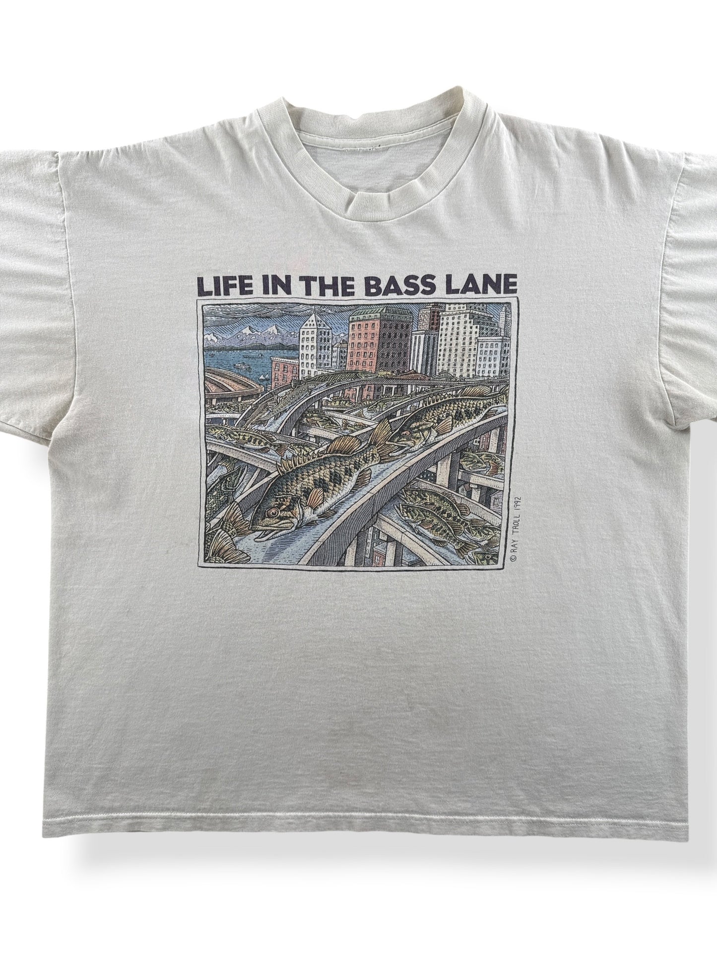 Front Close Up of Vintage Ray Troll Life In The Bass Lane Tee SZ XL