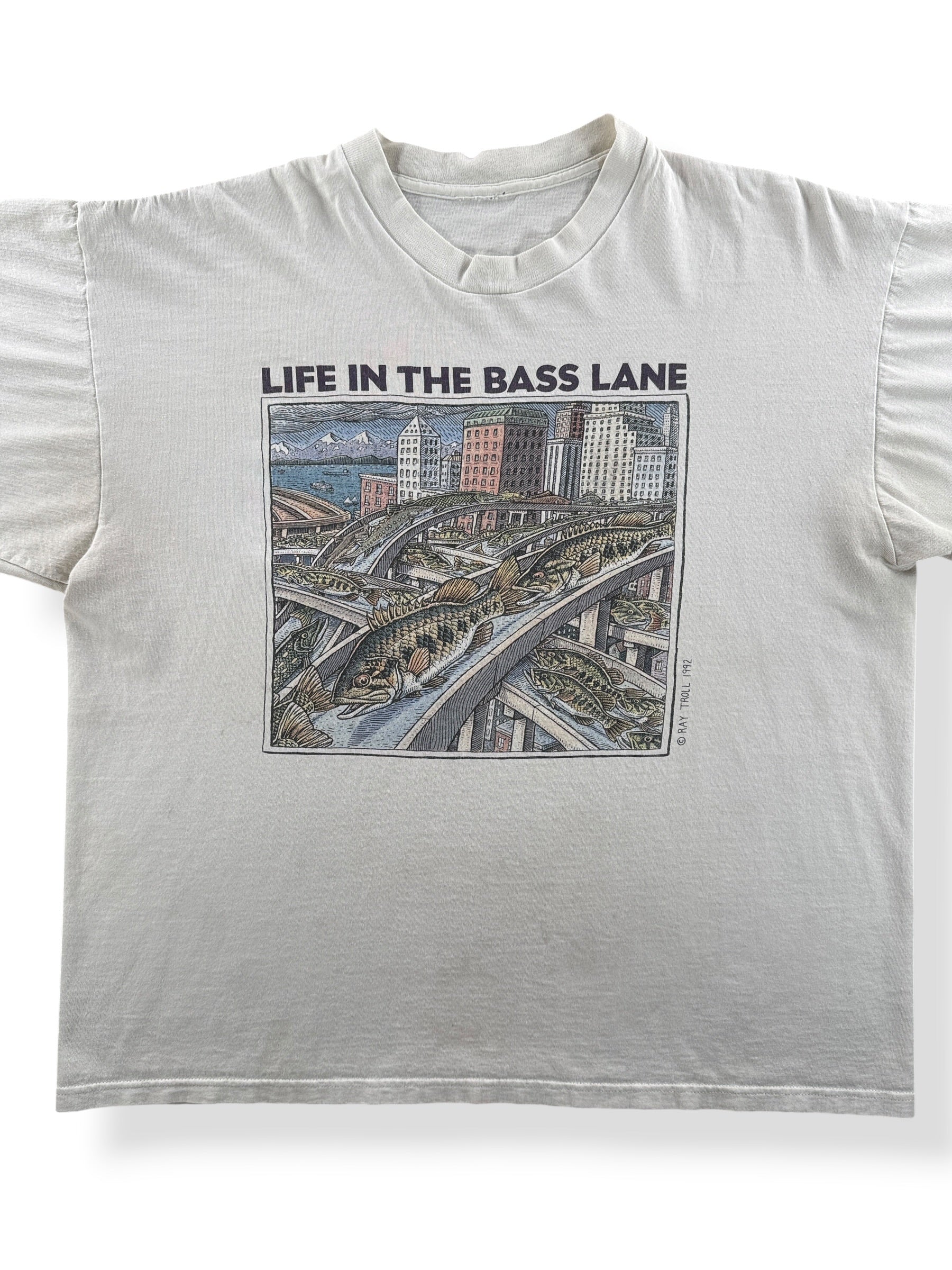 Front Close Up of Vintage Ray Troll Life In The Bass Lane Tee SZ XL