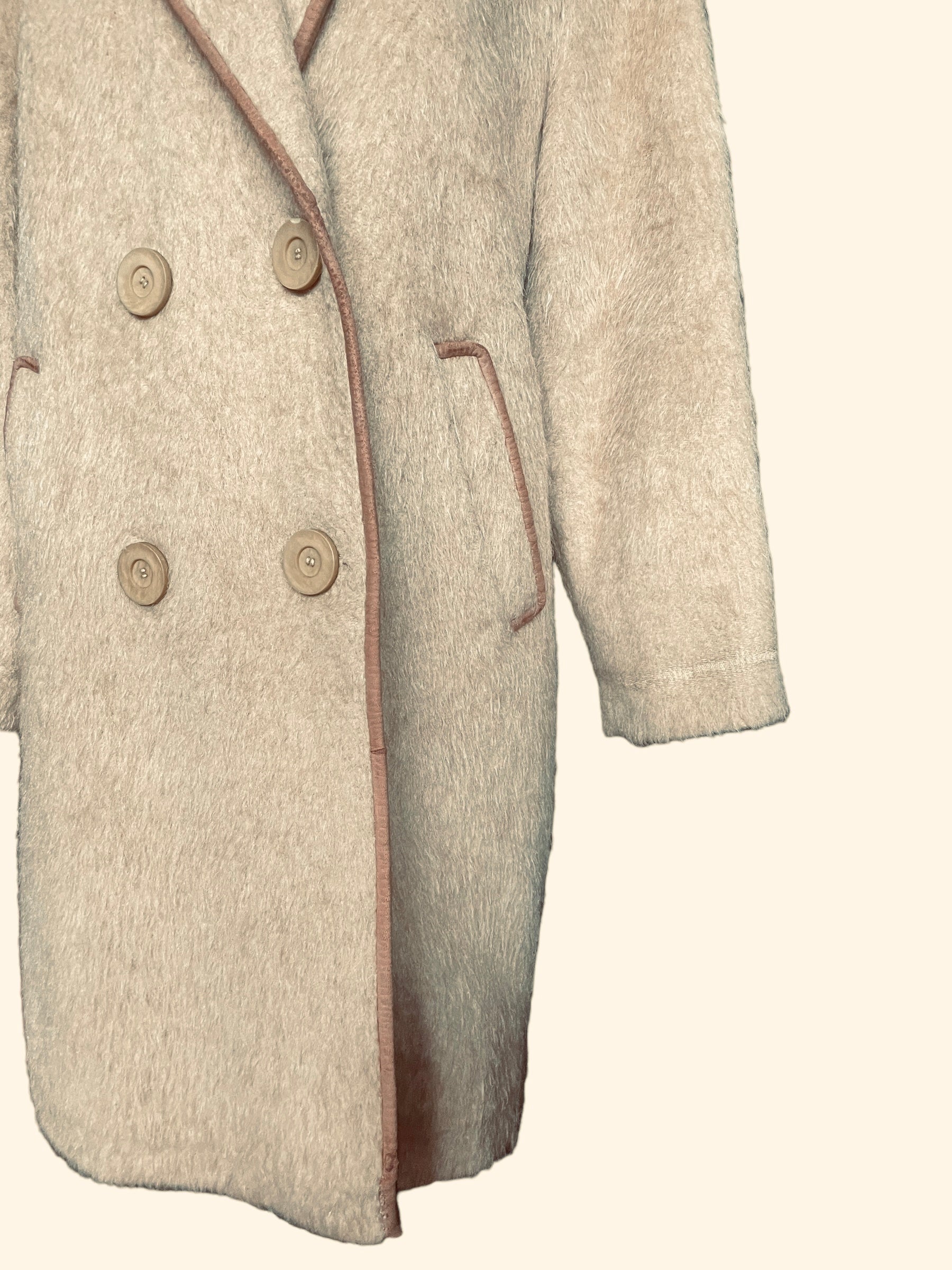 Lower front left side view of Vintage 1940s J.H.S Camel Wool Mohair Coat | Seattle True Vintage | Barn Owl Vintage Coats