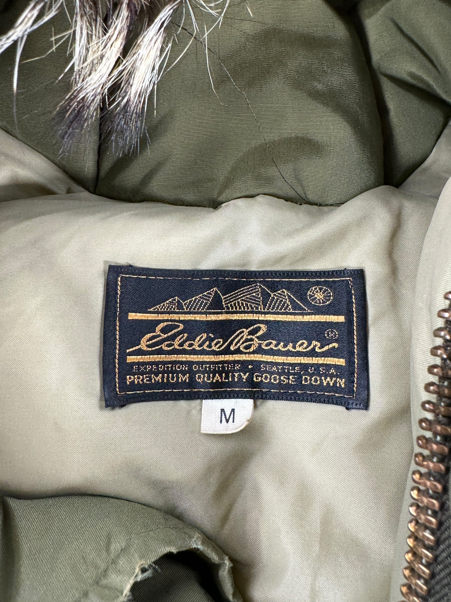 Label on Vintage 70s Era Eddie Bauer Down Parka w/ Fur Hood SZ M