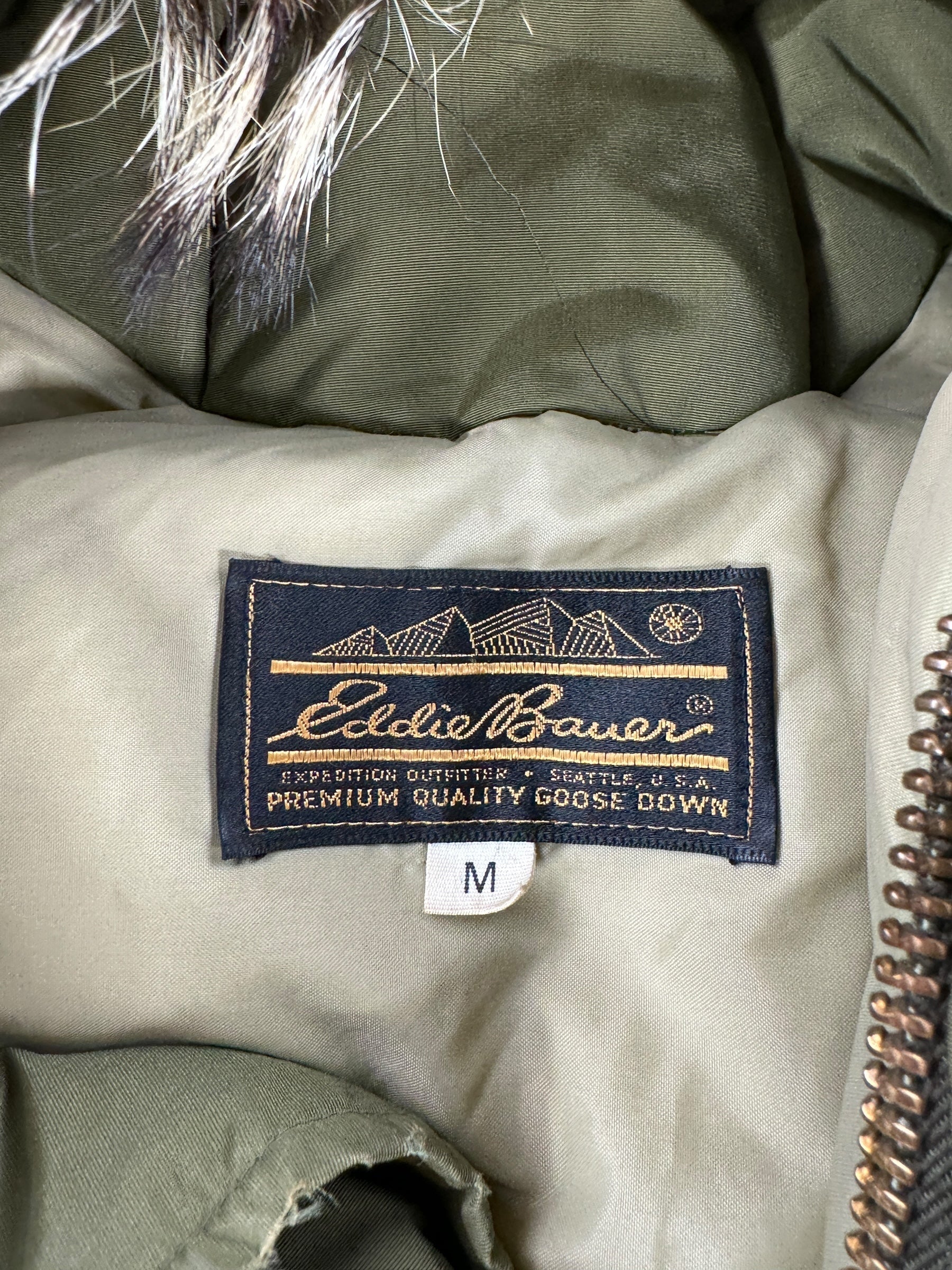 Label on Vintage 70s Era Eddie Bauer Down Parka w/ Fur Hood SZ M
