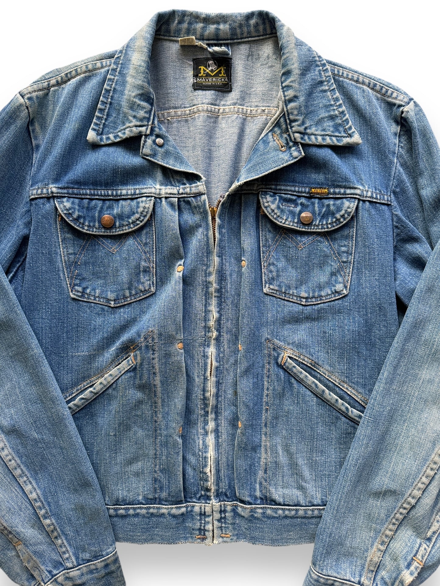 front close up of Vintage Maverick MJZ Denim Jacket w/ Busted Zipper SZ 44