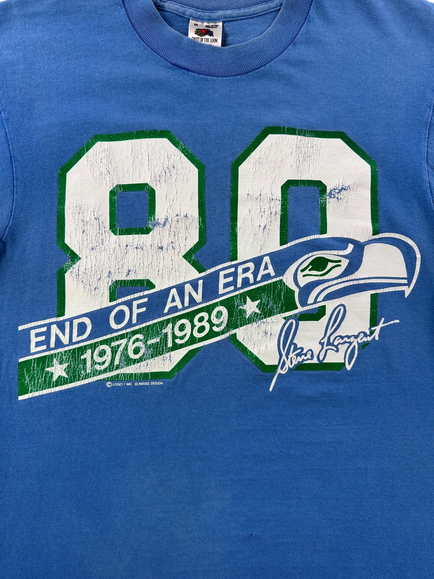 Front graphic on Vintage 1989 Seahawks Steve Largent End of An Era Tee SZ M (Fits S)