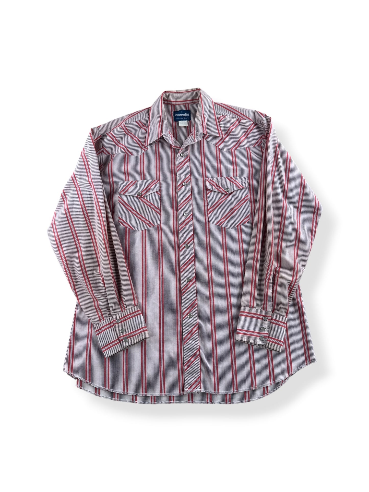 Front of Vintage Wrangler Red Striped Pearlsnap SZ L - AS IS