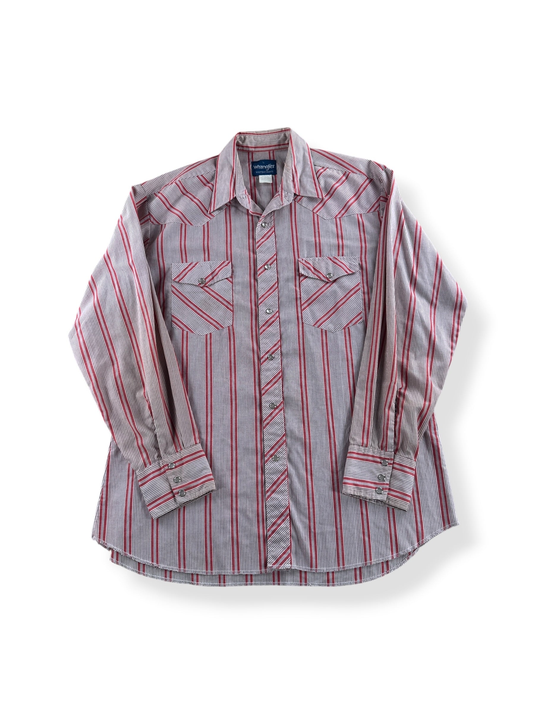 Front of Vintage Wrangler Red Striped Pearlsnap SZ L - AS IS
