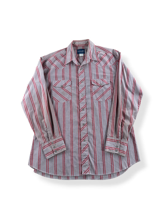 Front of Vintage Wrangler Red Striped Pearlsnap SZ L - AS IS