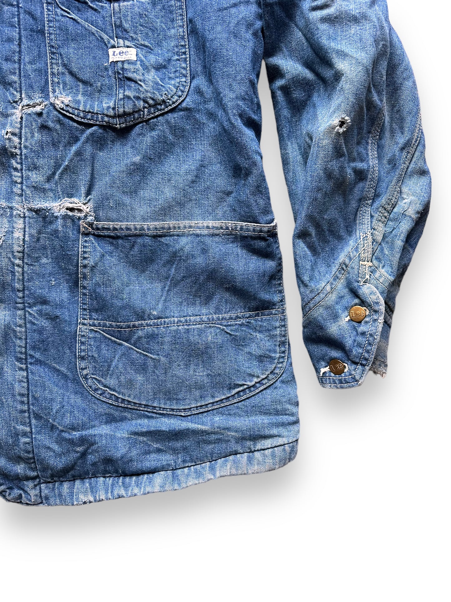 Wear on Front Lower Left of Vintage Blanket Lined Lee Denim Chore Jacket SZ XL| Vintage Denim Workwear | Seattle Vintage Workwear