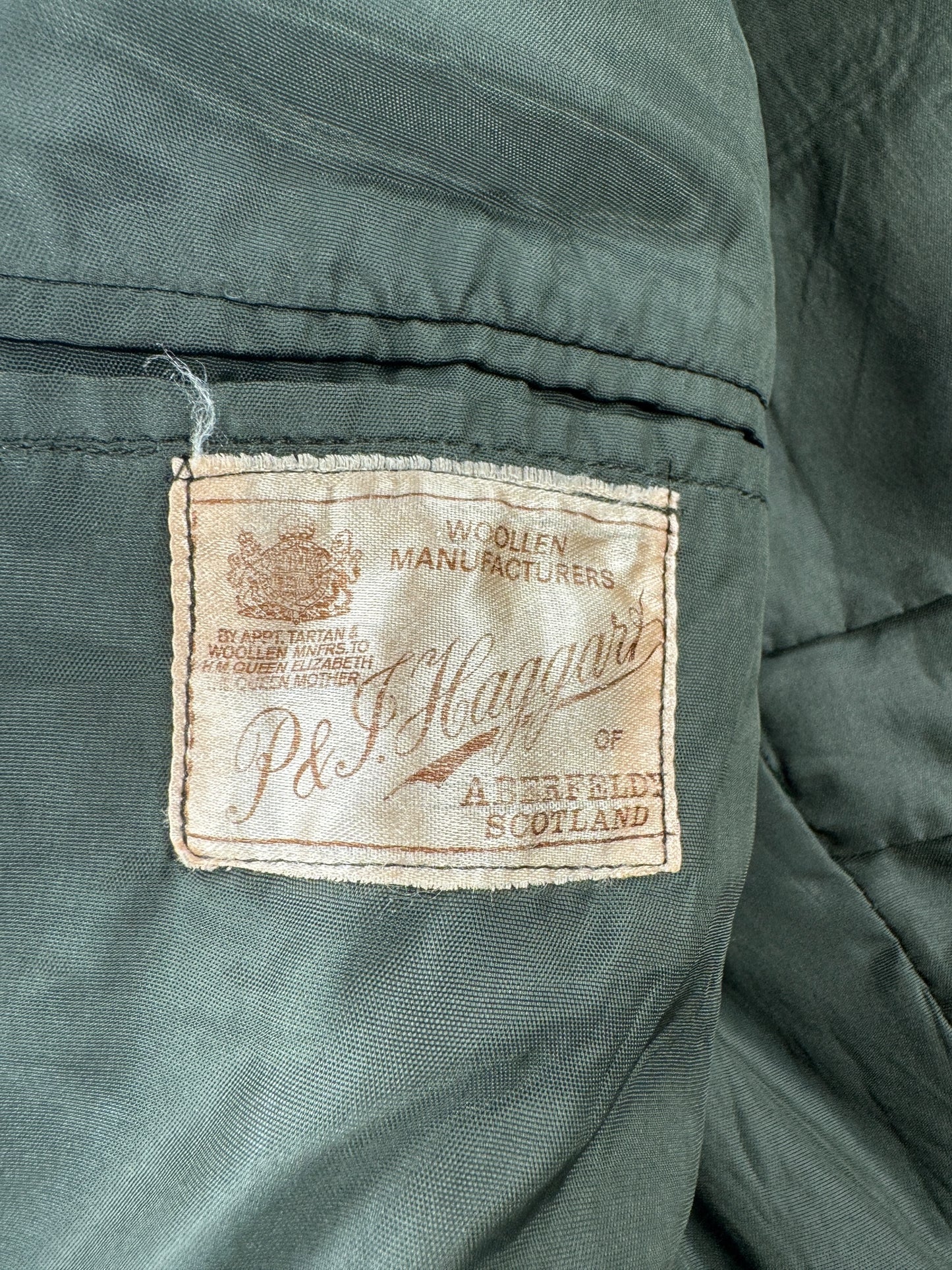Label on Vintage P & J Haggart Scottish Woolen Belted Hunting Jacket SZ M