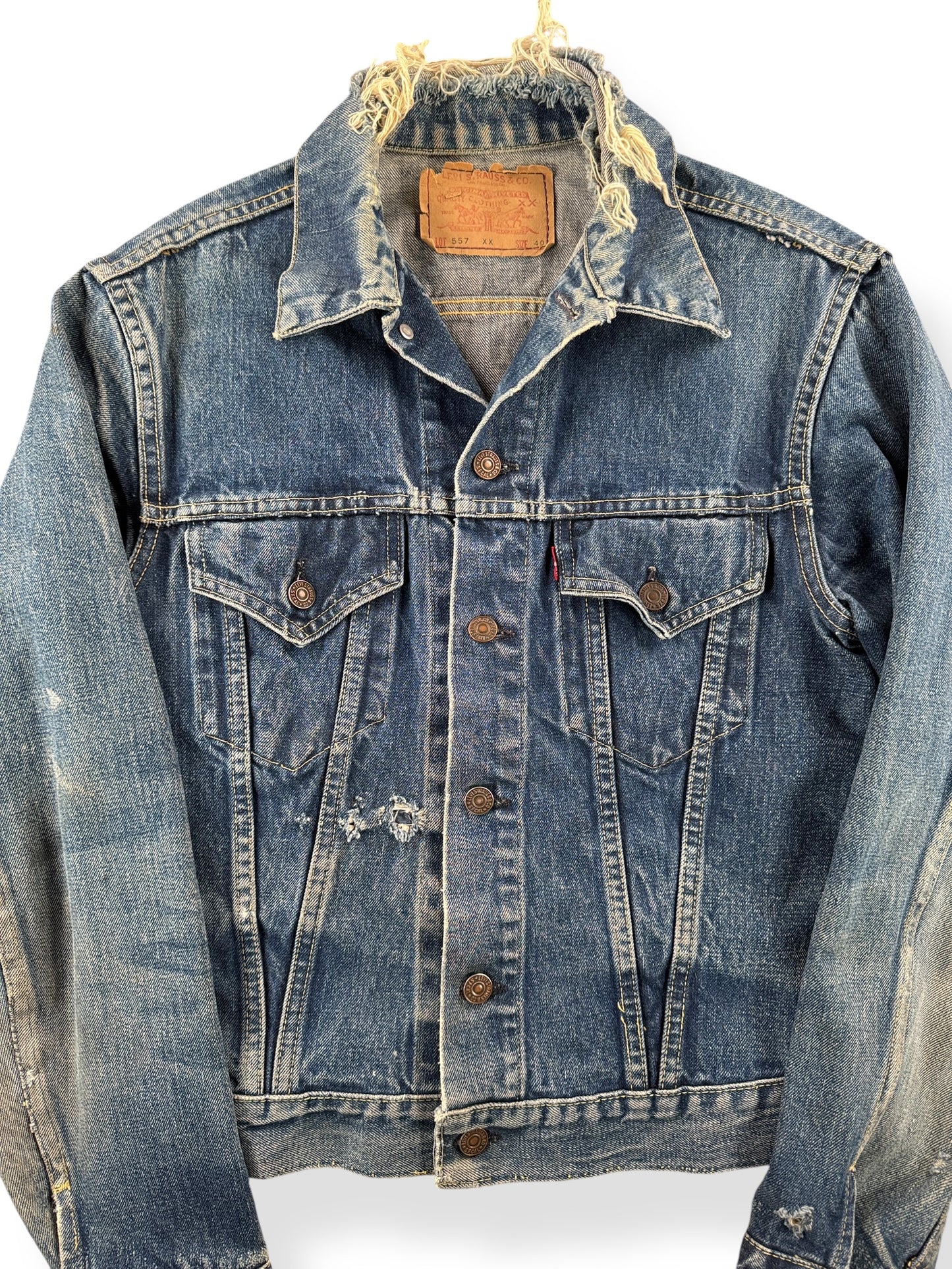 Front Close Up of Vintage 1960s Era Levis Big E 557 Trucker Jacket SZ 40