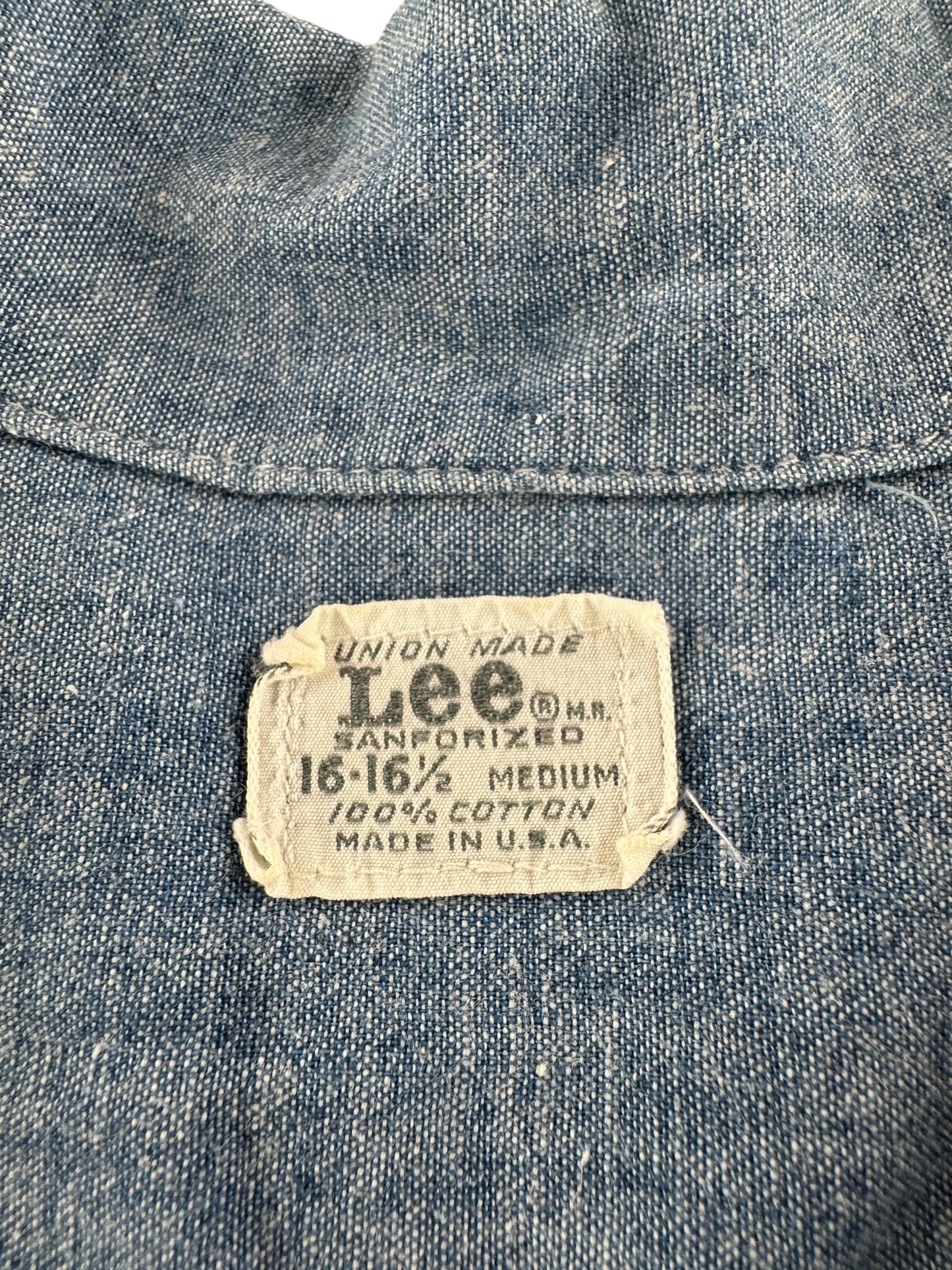Label on Vintage Lee Union Made Cotton Selvedge Chambray SZ M