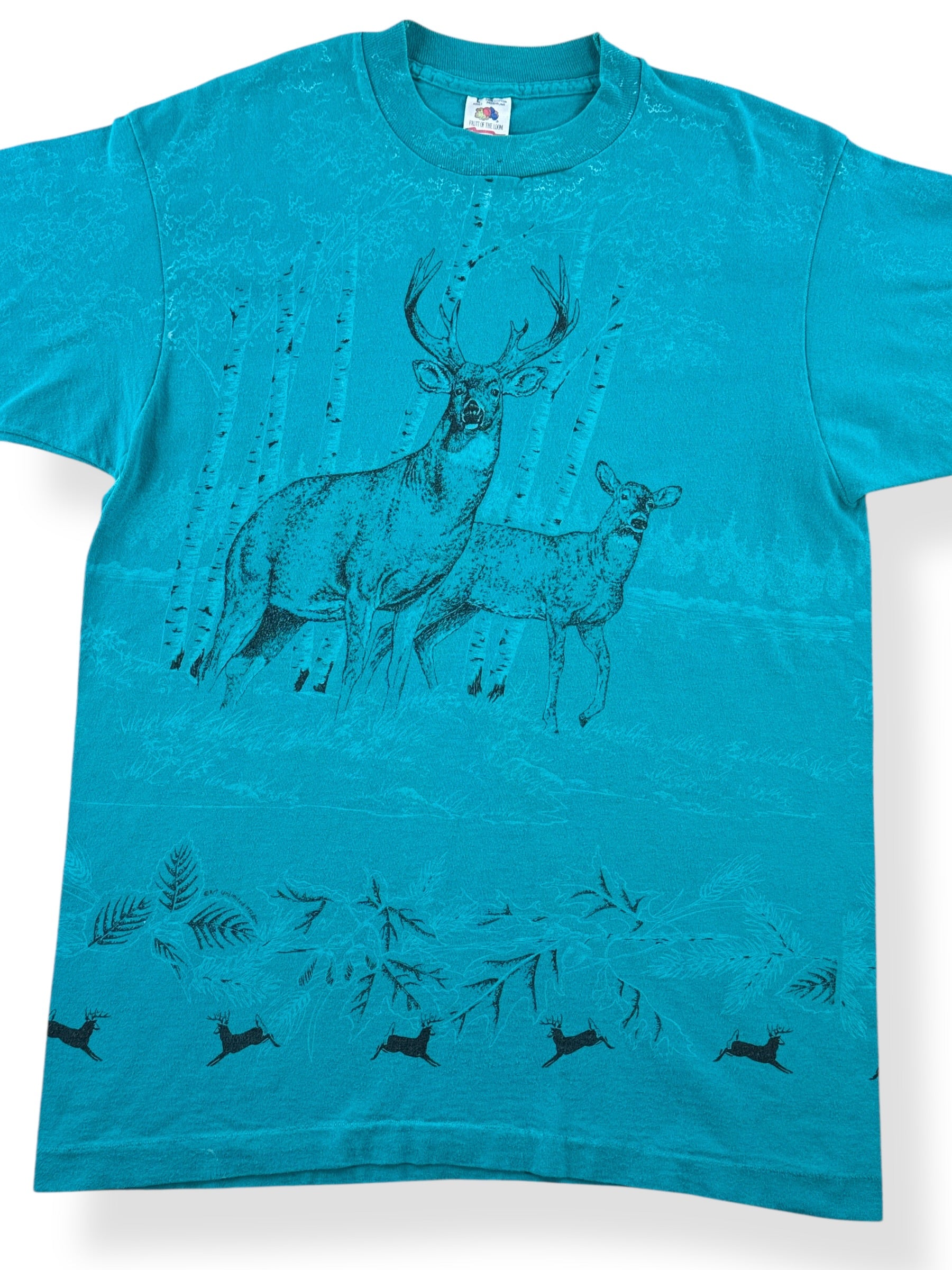 Front Close Up of Vintage Deer AOP Tee SZ L (Fits M)