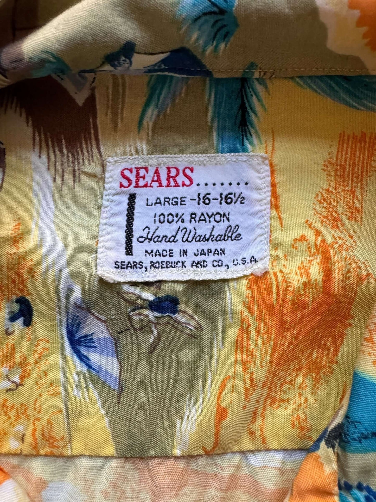 tag on Vintage Sears 100% Rayon Made in Japan Aloha Shirt SZ L