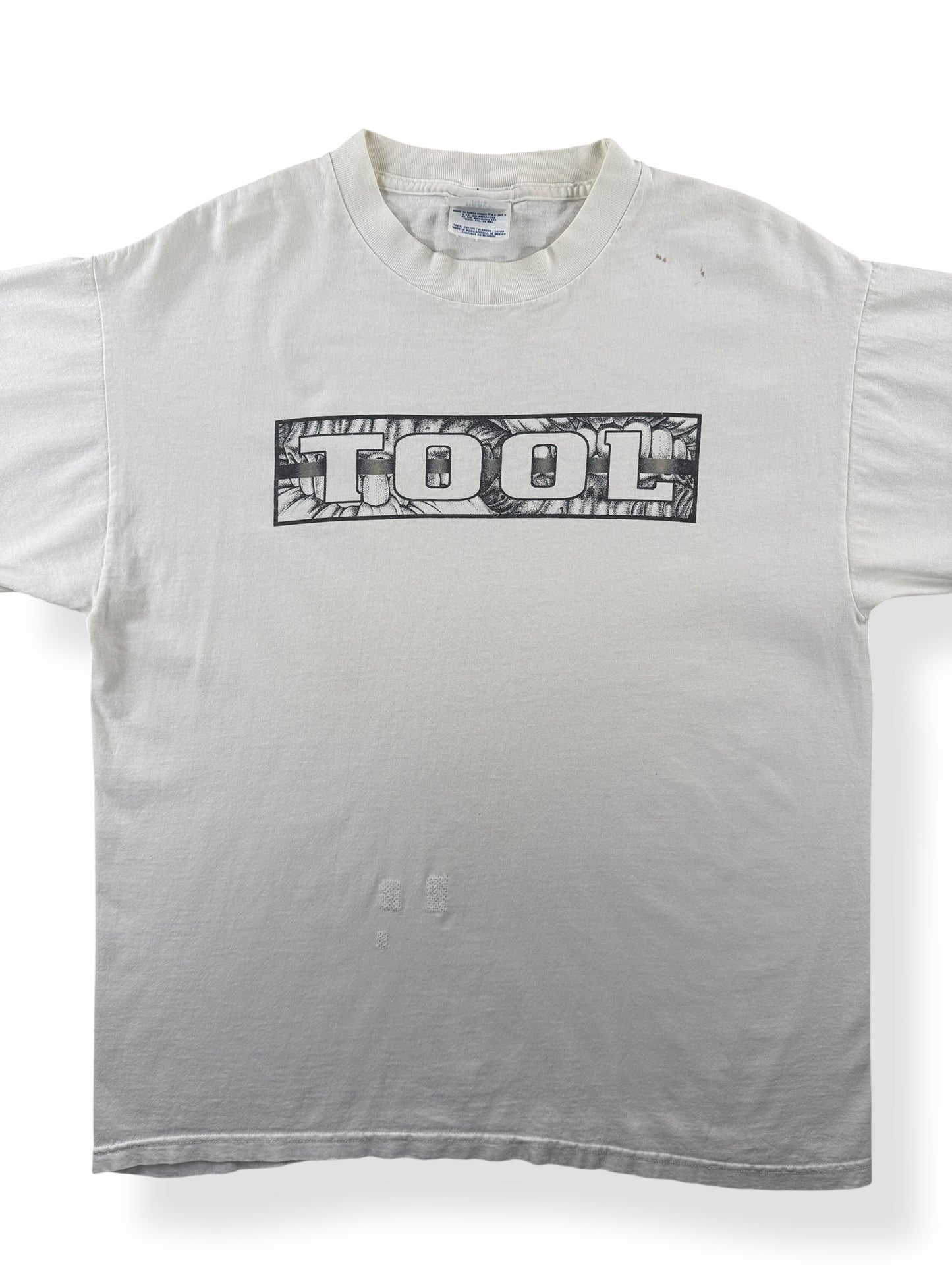 Front Close Up of Vintage 90s Tool Tee SZ L (Fits M)