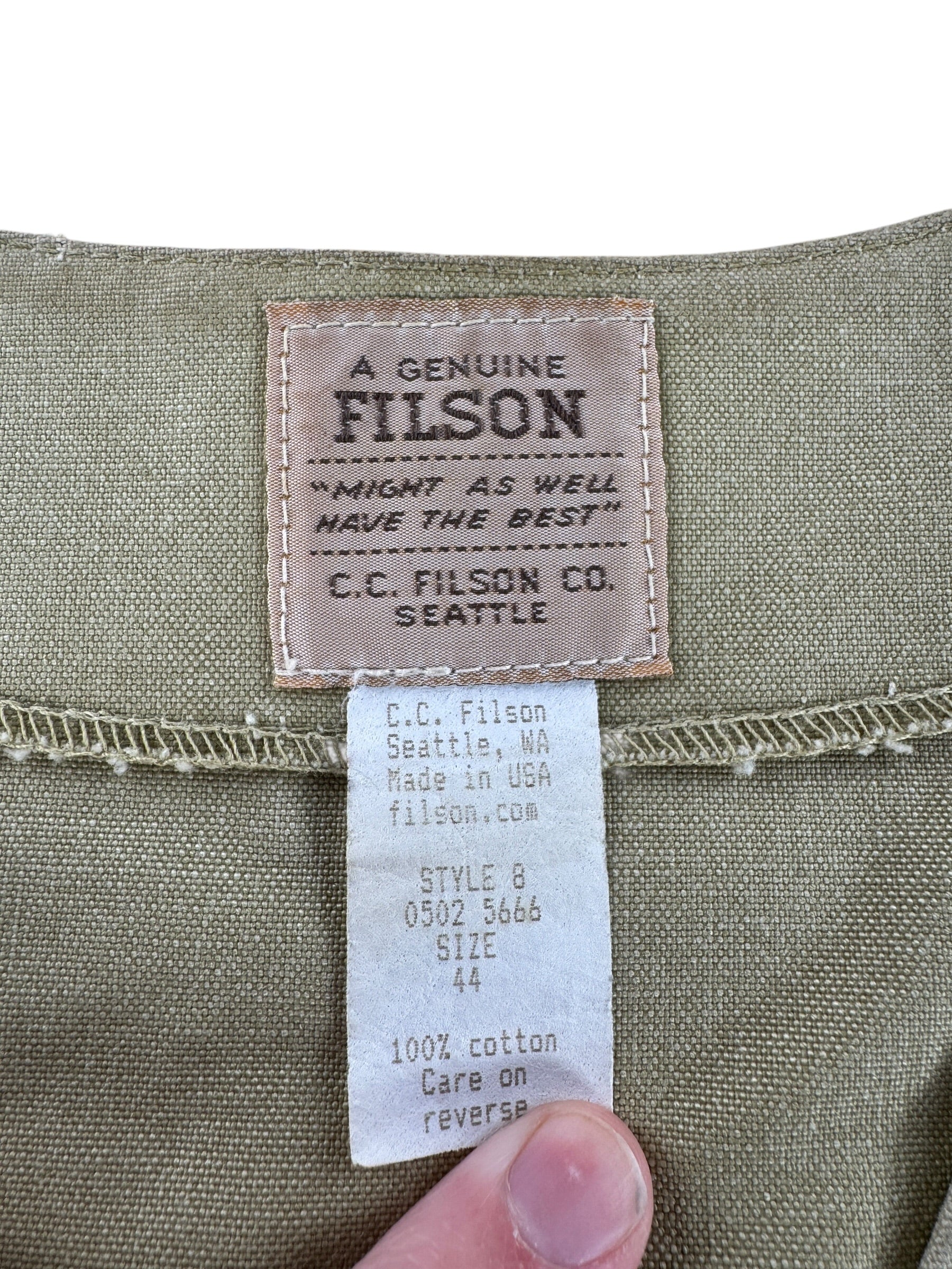 Tag on Vintage Filson Style 8 Tin Cloth Vest SZ 44