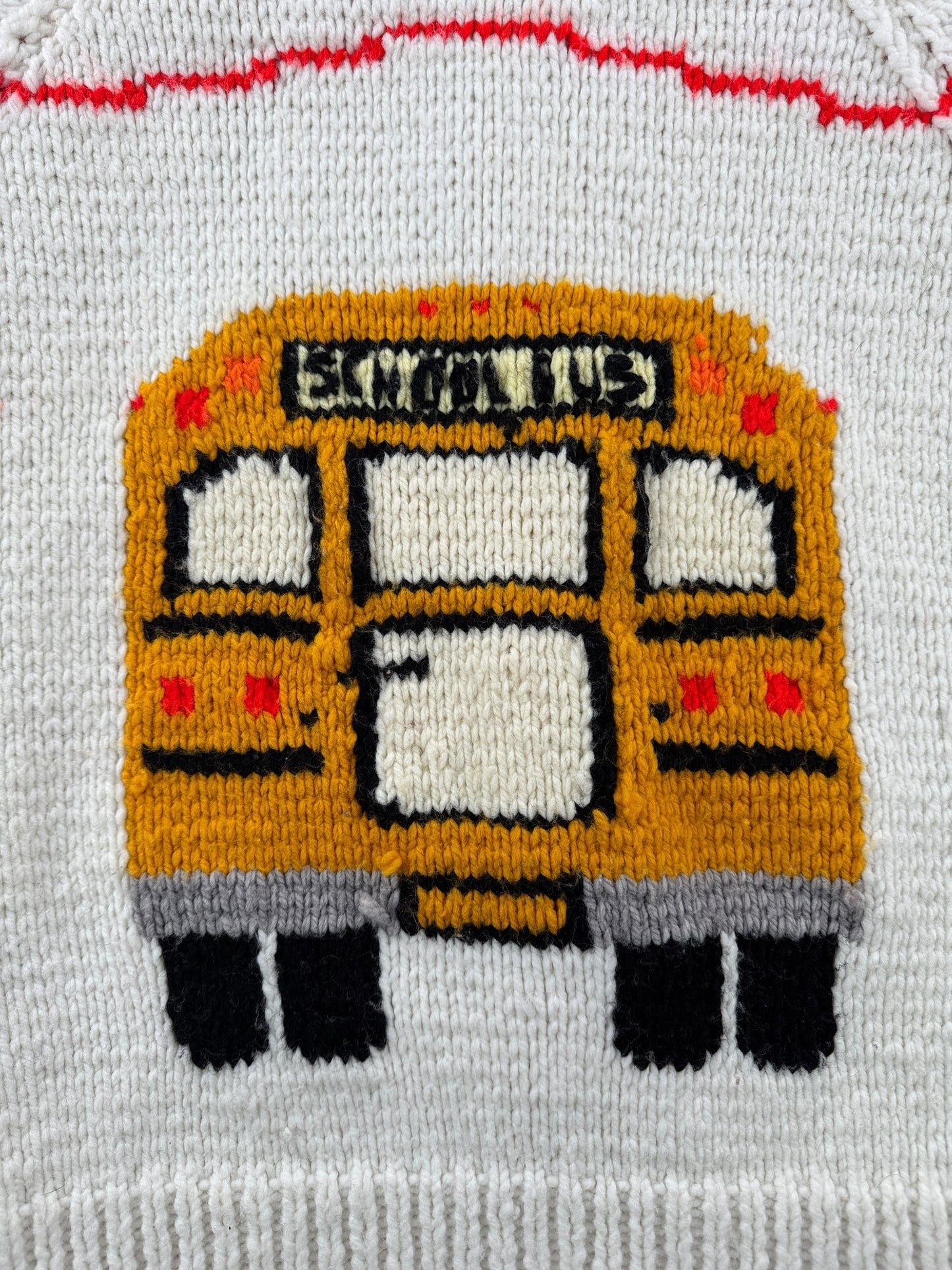 Back Graphic of Vintage School Bus Cowichan Style Sweater SZ L