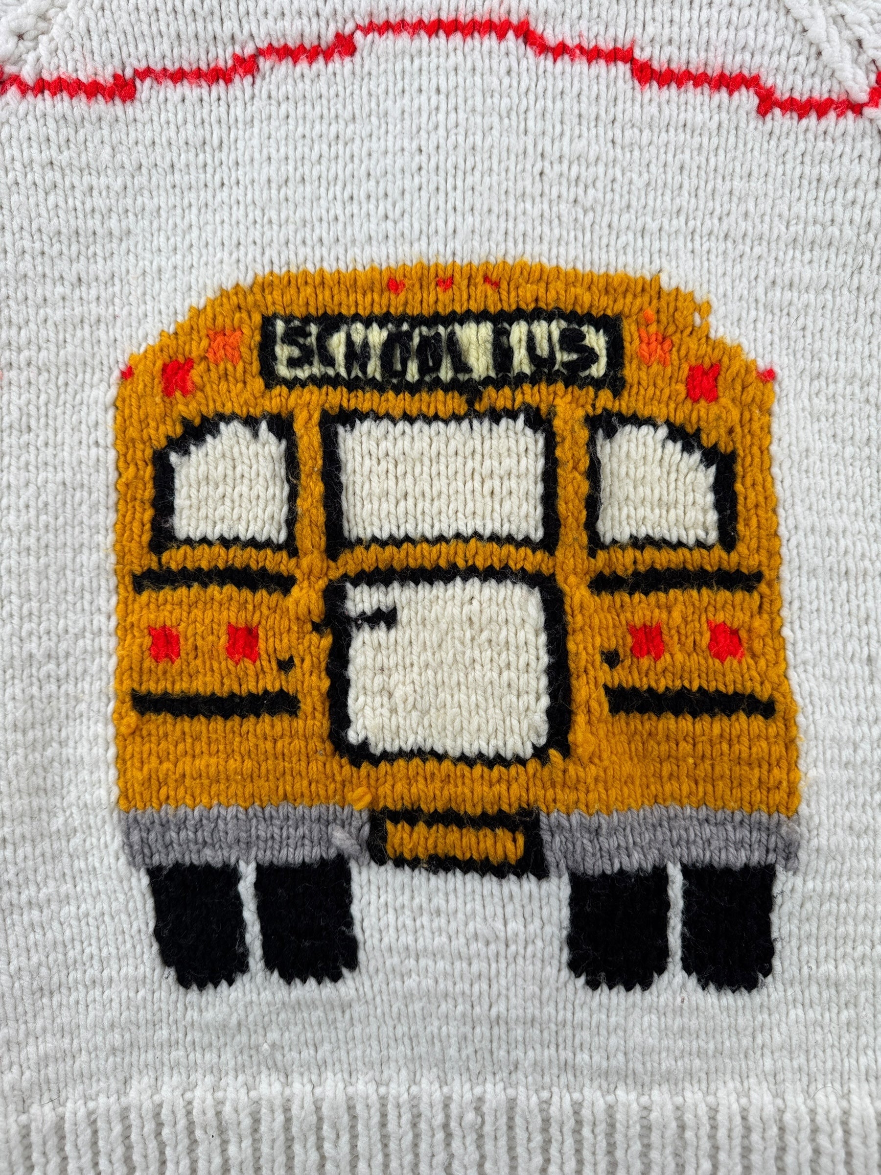 Back Graphic of Vintage School Bus Cowichan Style Sweater SZ L