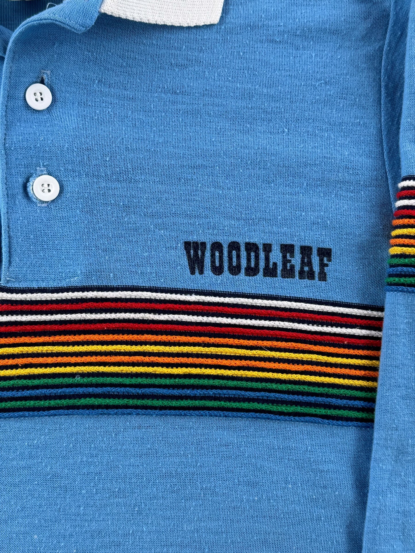 Woodleaf graphic on Vintage Woodleaf Rainbow Stripe Polo Shirt SZ S