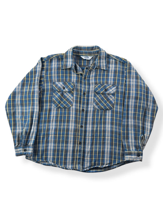 Front of Vintage Mr Leggs Blue Yellow Cotton Flannel SZ XL