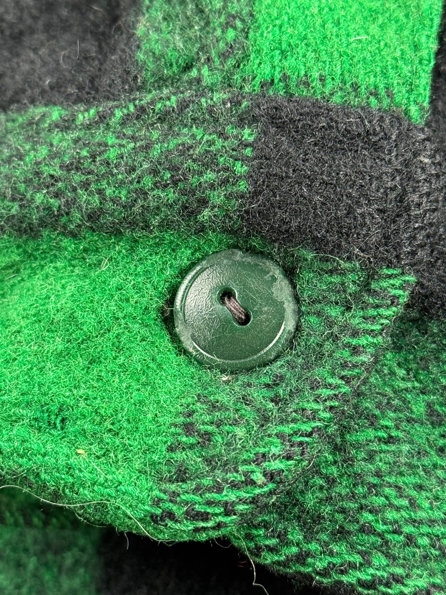 Ware on cuff button on Vintage 50s Woolrich Green Buffalo Plaid Wool Flannel SZ 15