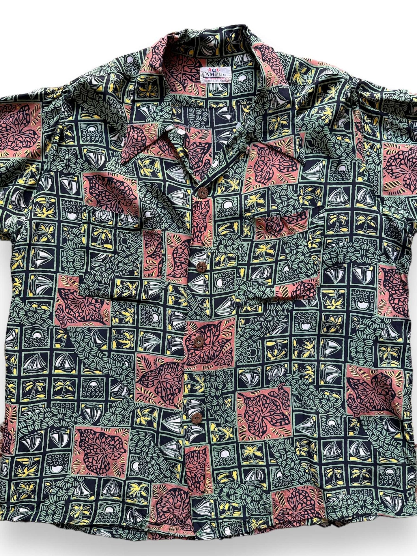 front close up of Vintage Campus Rayon Aloha Shirt SZ L