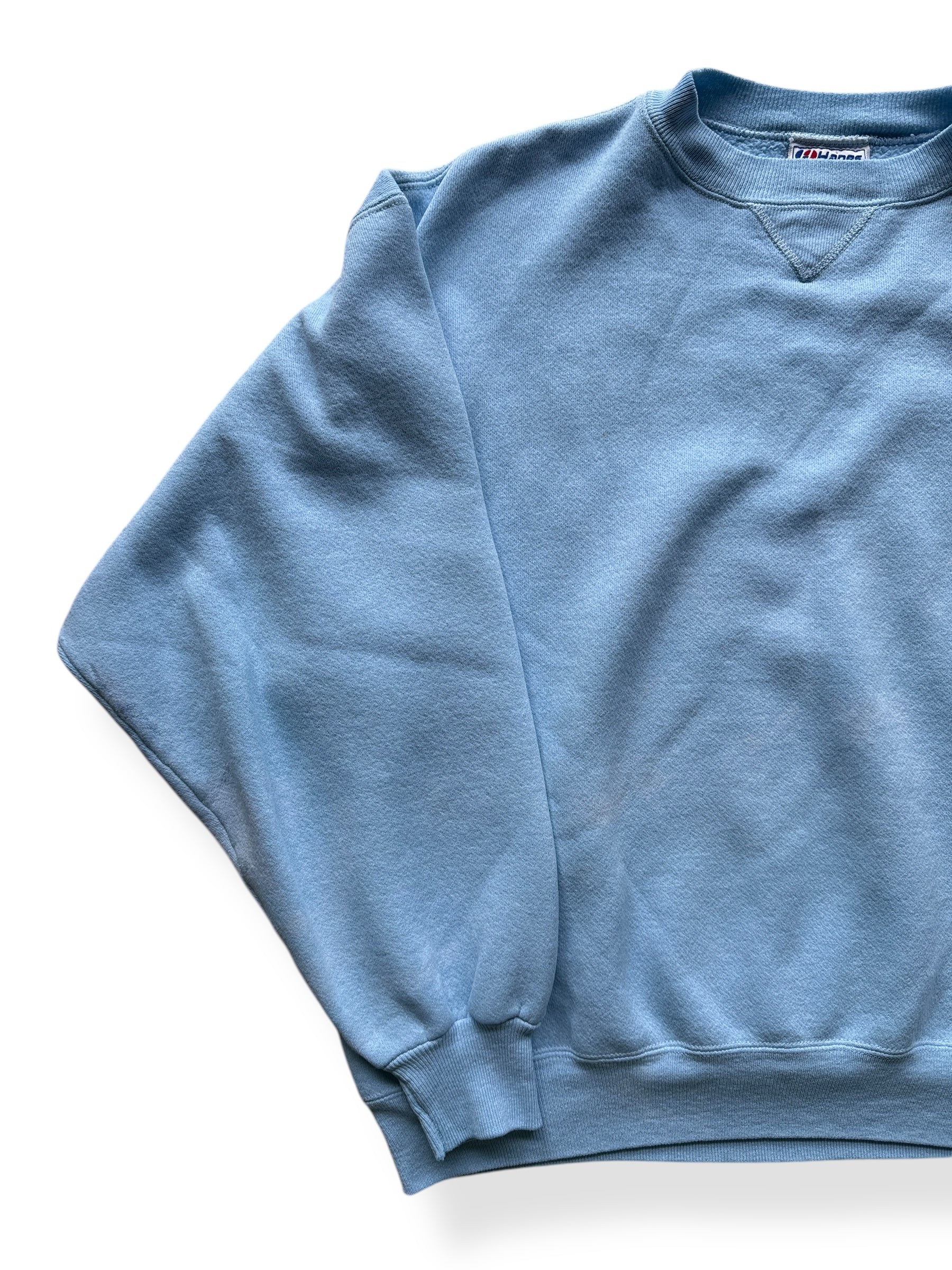 Front Right of Vintage Hanes Powder Blue Crewneck SZ XL